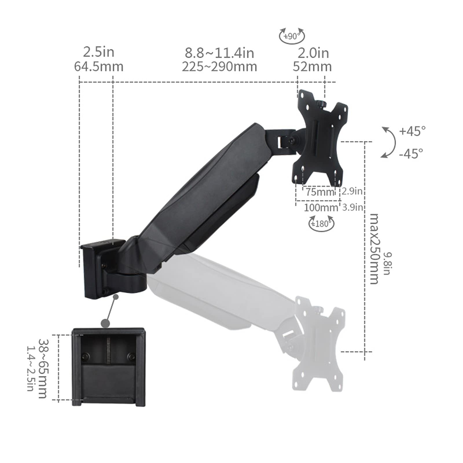 13-27 Inch Adjustable Gas Spring Monitor Stand Arm - Wall Mounted Tilt & Swivel Bracket Holds Up to 14.3lbs (Black) - Perfect for Home Office, Gaming Setup & Workspace Ergonomics