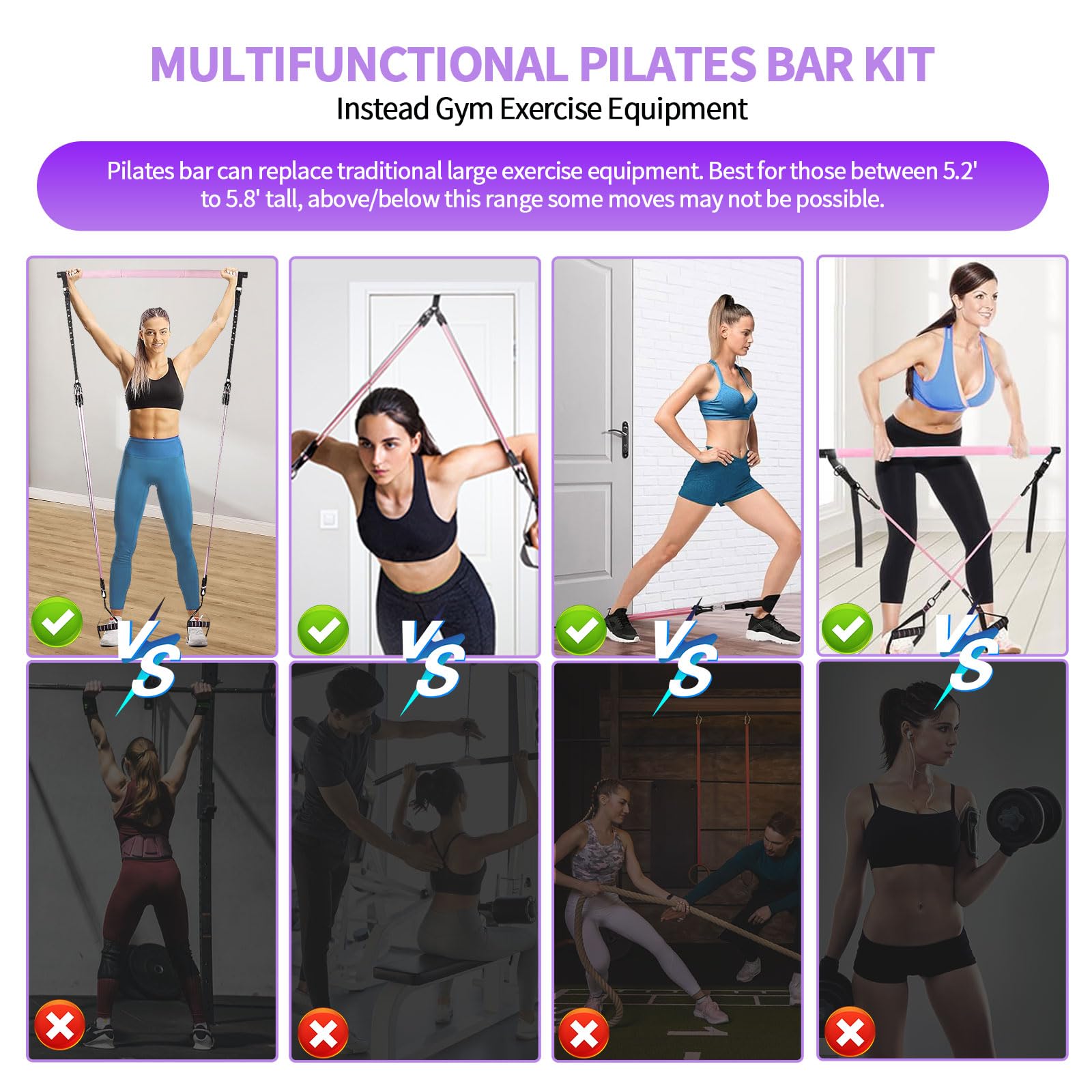 Pilates Bar Kit with 6 Resistance Bands - Yoga Exercise Bar & Ab Roller - Portable Home Gym Equipment for Women & Men - Leg, Hip, Waist & Arm Workout - Perfect for Home Fitness, Yoga Studio & Travel Workouts