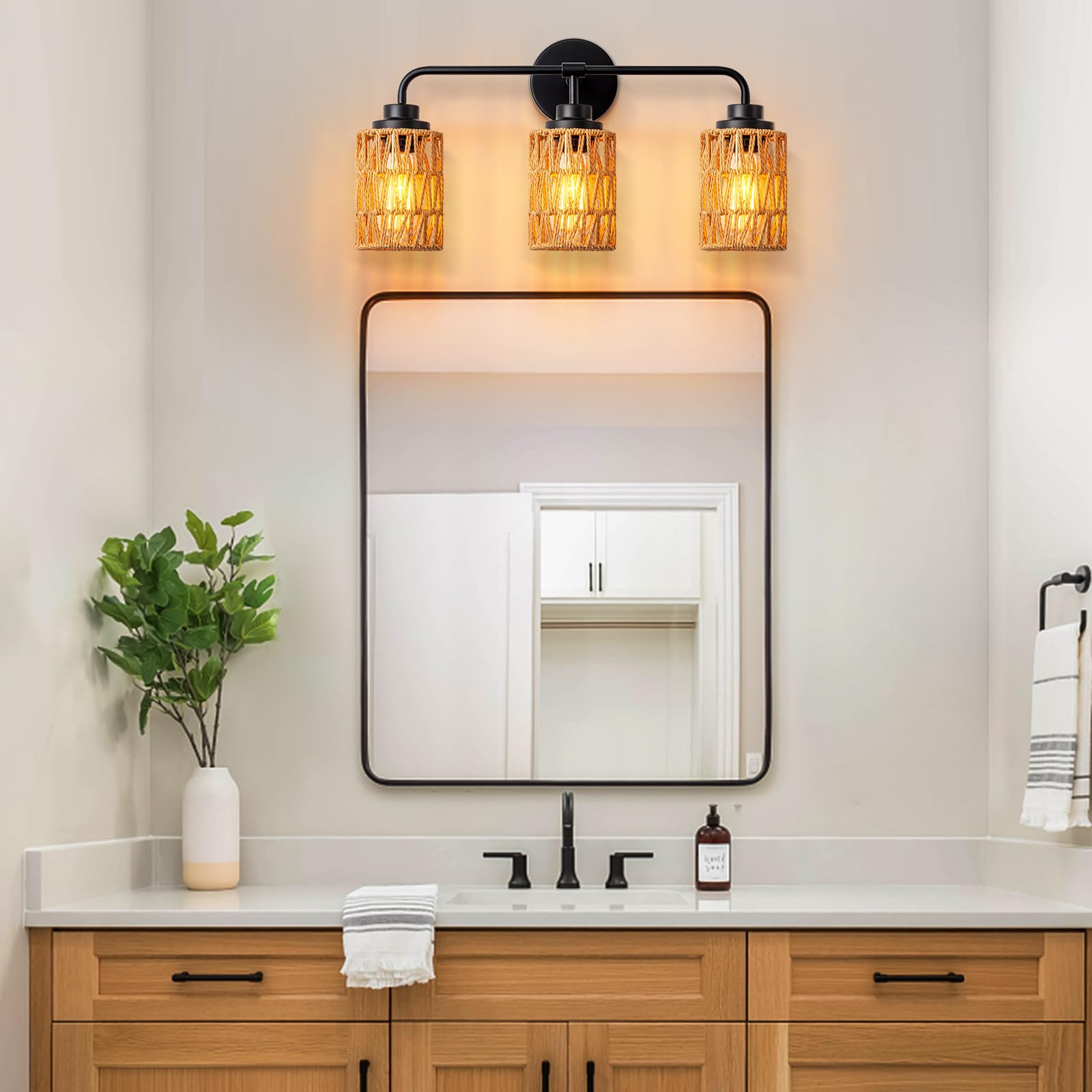 3-Light Rustic Farmhouse Vanity Lighting - Boho Rattan Wall Sconce with Hand Woven Design for Bathroom Mirror, Bedroom & Hallway - Natural Style Wall Mounted Fixture for Home Decor