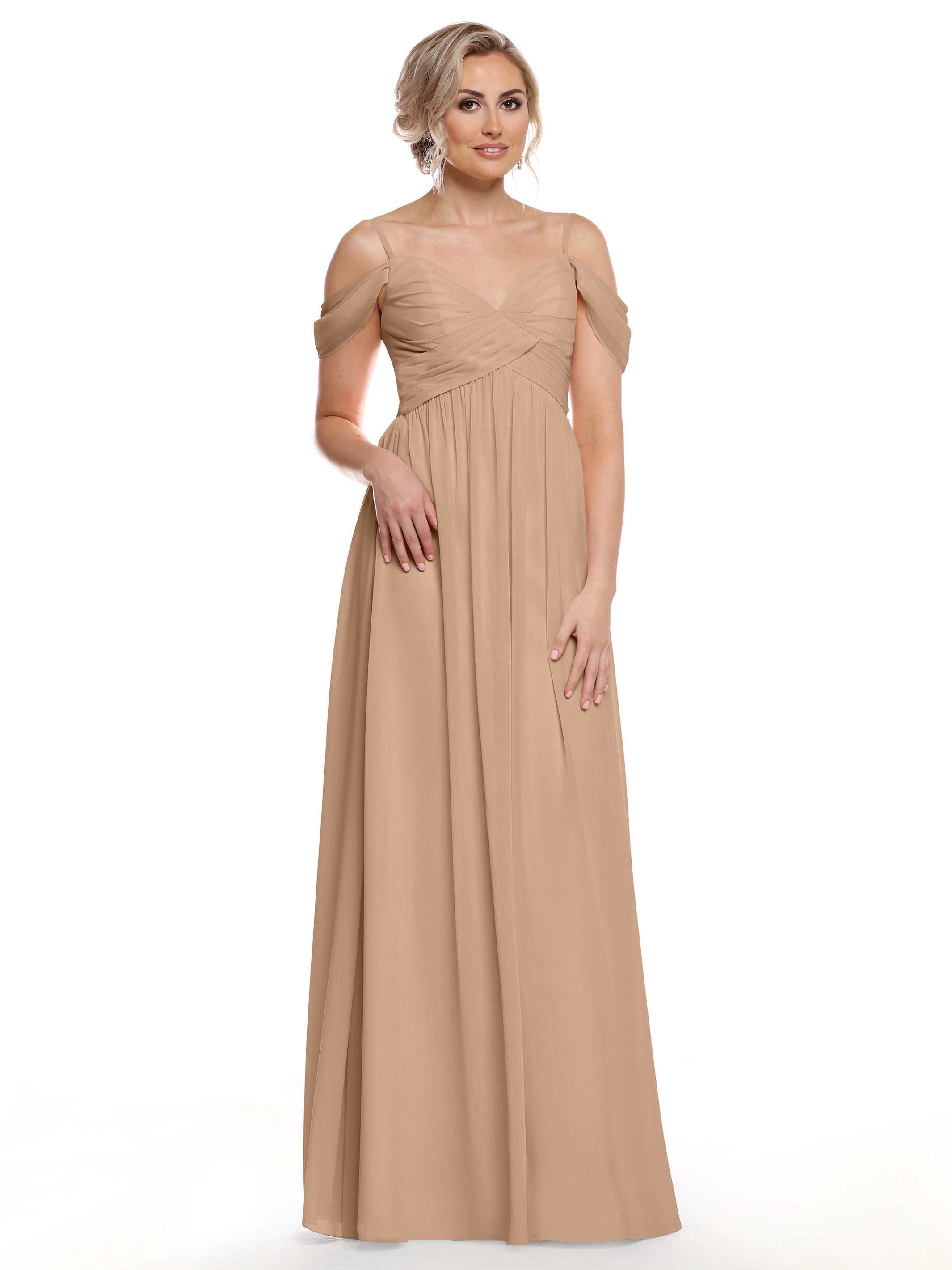 Elegant Off-the-Shoulder Chiffon Bridesmaid Dress with Spaghetti Straps - Perfect for Weddings, Formal Events & Special Occasions