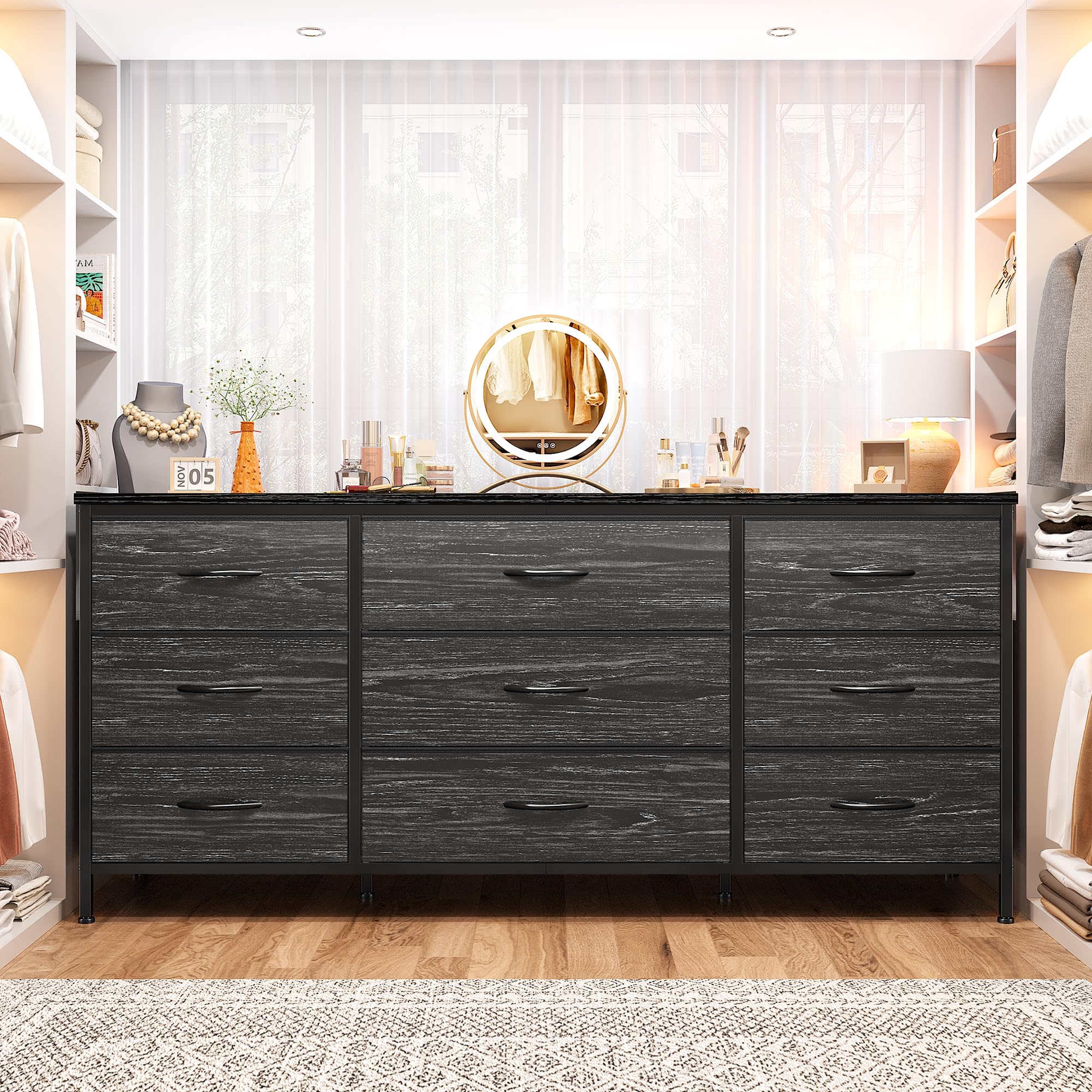 EnHomee 60'' TV Stand Dresser with 9 Drawers - Sturdy Metal Frame & Wood Top Fabric Dresser for Bedroom, Living Room, Closet - Charcoal Black | Perfect for TV Storage, Bedroom Organization & Living Room Furniture