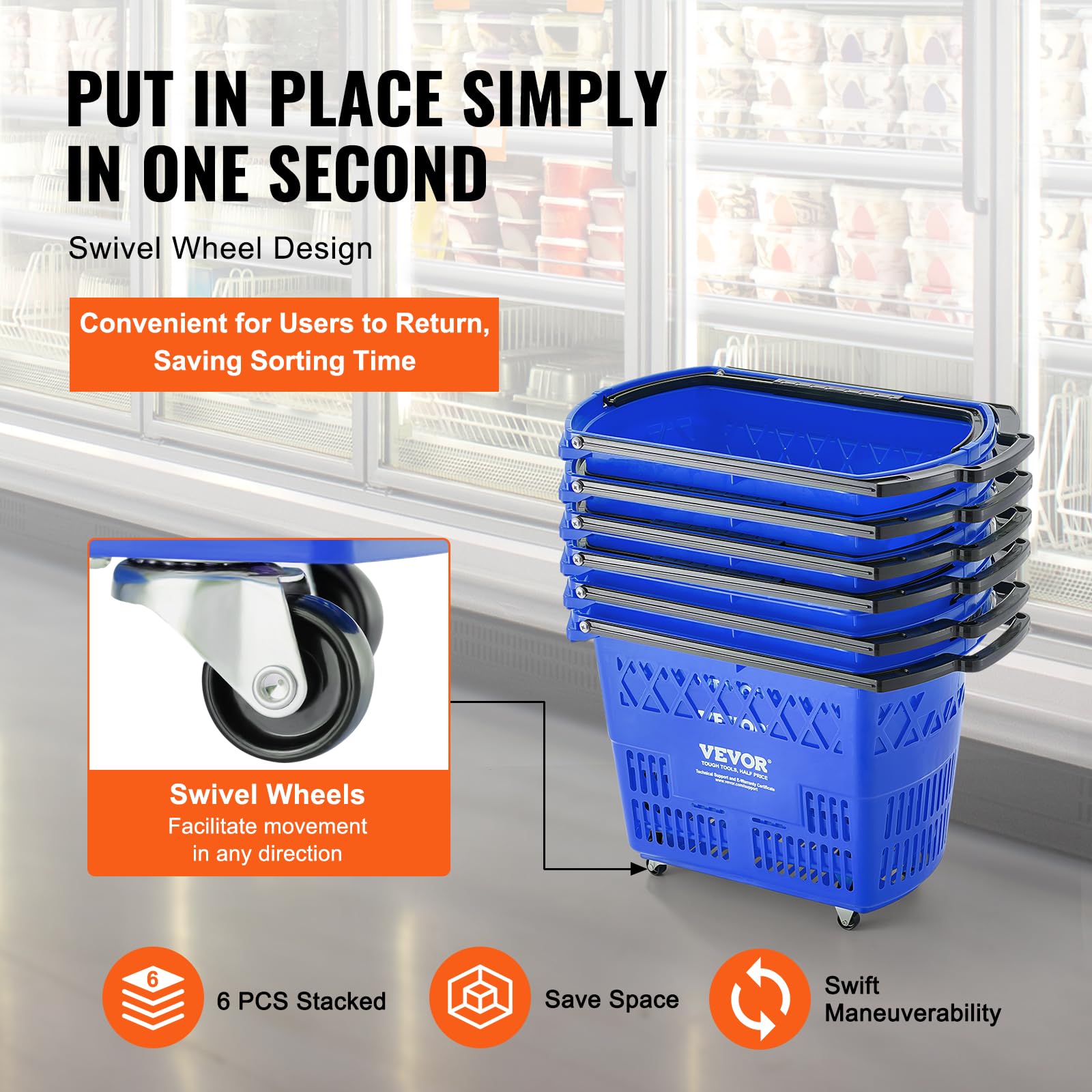 VEVOR 6-Piece 39L Rolling Shopping Baskets with Handles & Wheels - Large Plastic Shopping Cart for Supermarkets, Retail Stores & Grocery Shopping - Portable & Durable for Home, Office & Commercial Use (Blue)