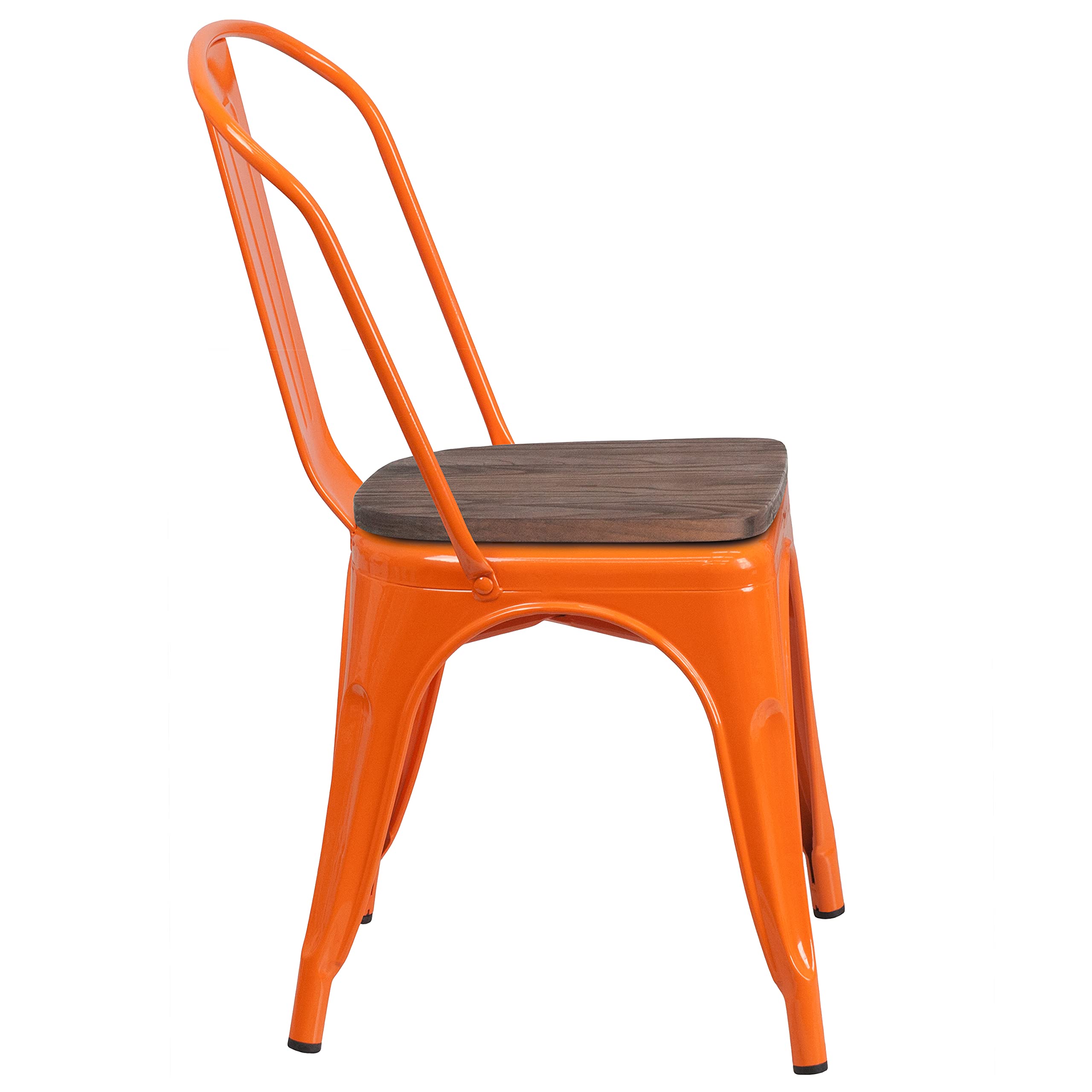 Merrick Lane Amsterdam Metal Chair - Orange Textured Wooden Seat Dining Chair with Slatted Curved Back - Perfect for Kitchen, Dining Room & Outdoor Patio Furniture