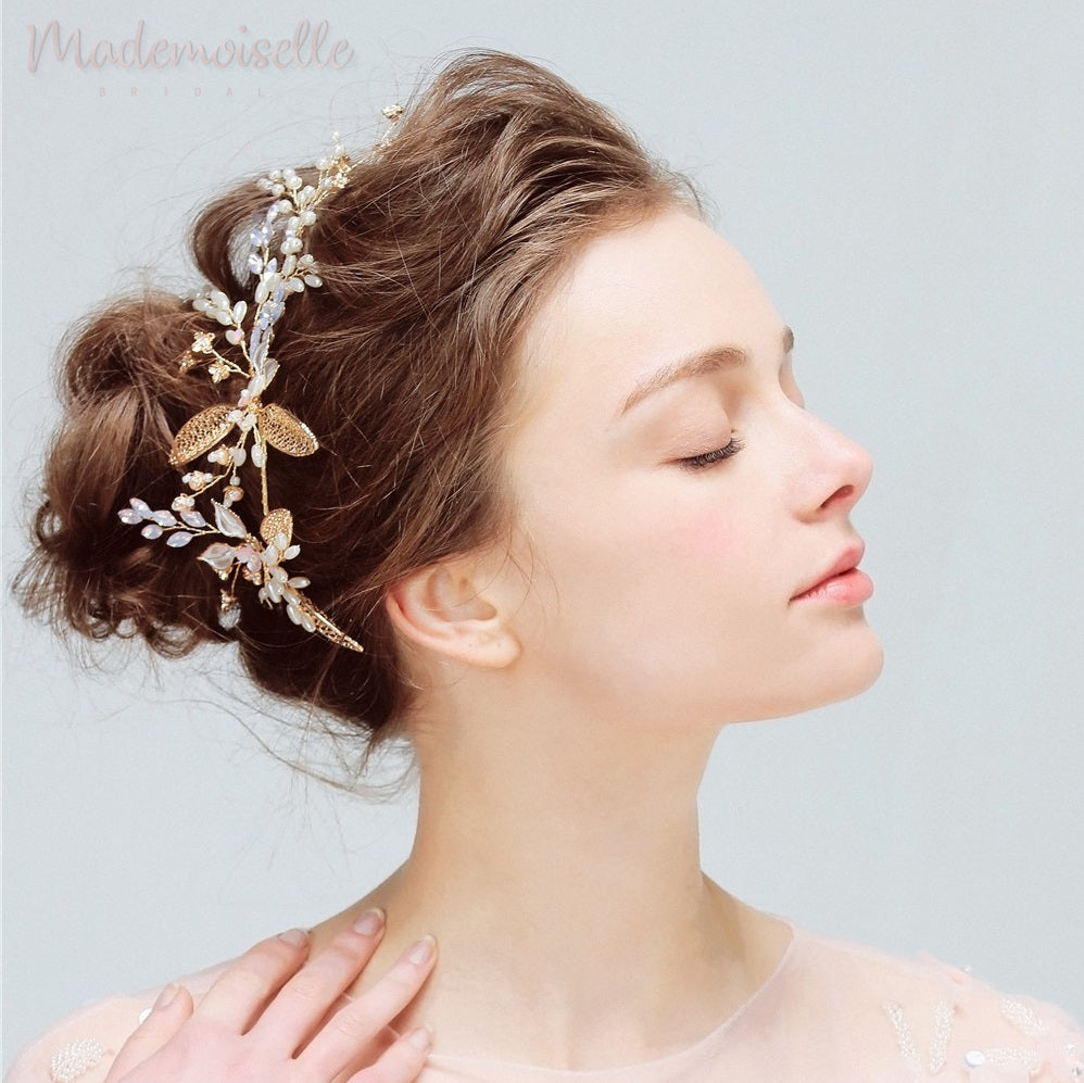 Golden Autumn Pearl Hair Vine - Elegant Bridal Hair Accessory for Weddings, Prom & Special Occasions