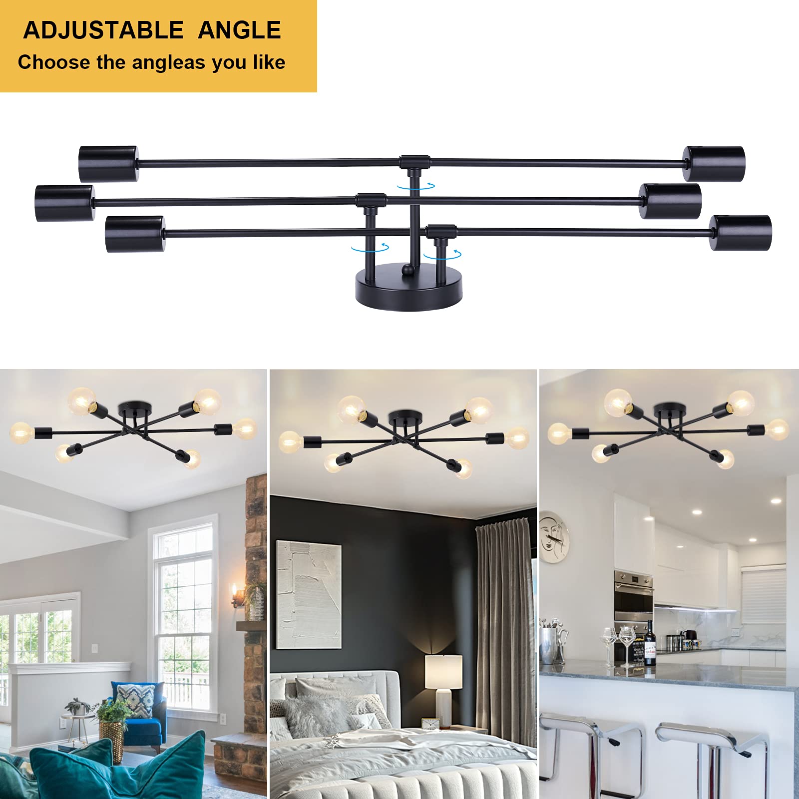 6-Light Sputnik Chandelier - Black Modern Semi Flush Mount Ceiling Light with E26 Base - Mid Century Industrial Vintage Style - Perfect for Kitchen, Farmhouse, Dining Room, Bedroom & Living Room Lighting
