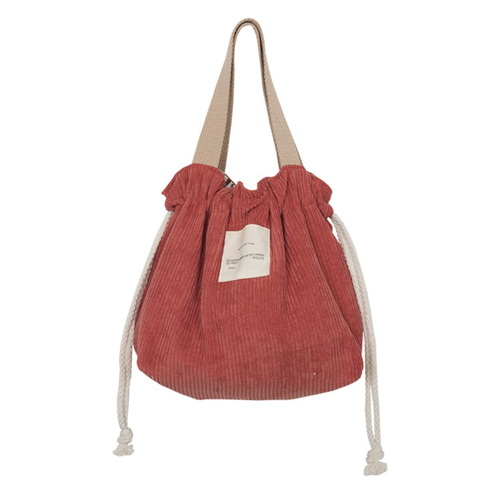 Kelukes Mini Lunch Tote Pouch - Reusable Small Picnic Bag, Cute Canvas Corduroy Handbag with Drawstring, Japanese Style Lunch Box for Women & Kids (Red) - Perfect for School, Work, Picnics & Outdoor Activities