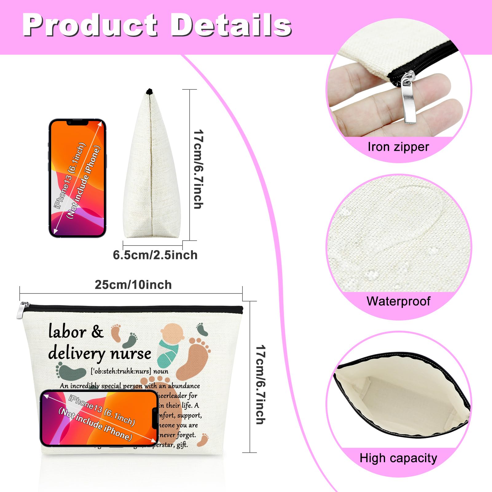 **Mxrymvu L&D Nurse Makeup Bag - Waterproof Cosmetic Pouch for Labor & Delivery Nurses - Perfect Thank You Gift for Nurses Week, Appreciation, or Superhero Nurse Inspirational Gifts (Great for Travel, Work, or Daily Use)**