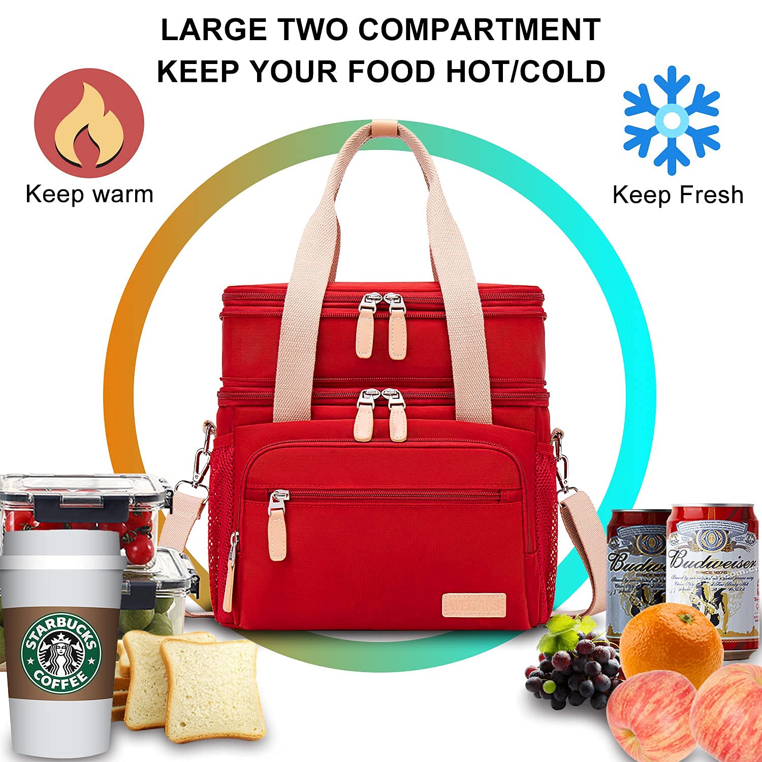 Weitars Insulated Lunch Bag for Women - Waterproof Reusable Large Lunch Box with Dual Compartment, Wide-Open Cooler Tote for Nurses, Office Work, Picnic & Hiking - 15L Capacity (Red) | Perfect for Meal Prep, Daily Commute & Outdoor Activities