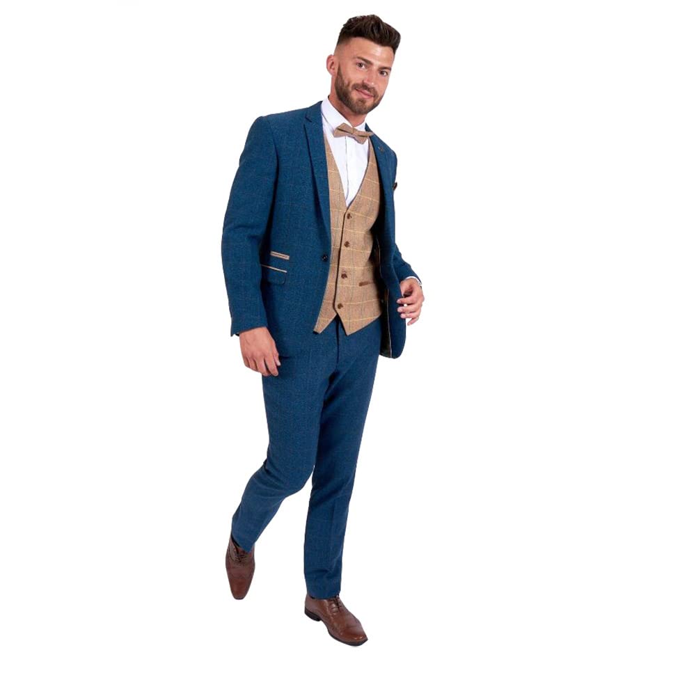 Vintage Blue Tweed Herringbone Wool 3-Piece Men's Tuxedo Suit Set - Jacket, Vest & Pants for Weddings, Prom & Formal Events
