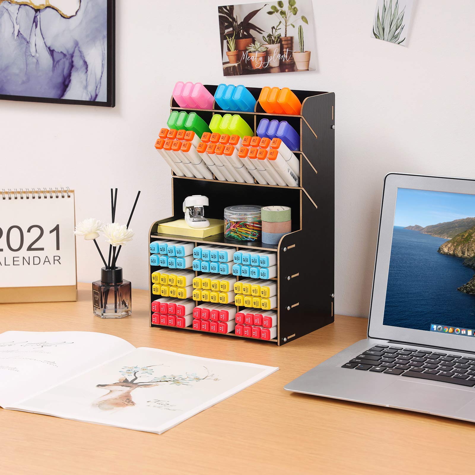 Upgraded Wooden Pencil Holder & Pen Organizer - Black Desktop Stationery Caddy for Art Supplies, Office & School | Easy Assembly Desk Organizer for Markers, Pens, Brushes & More