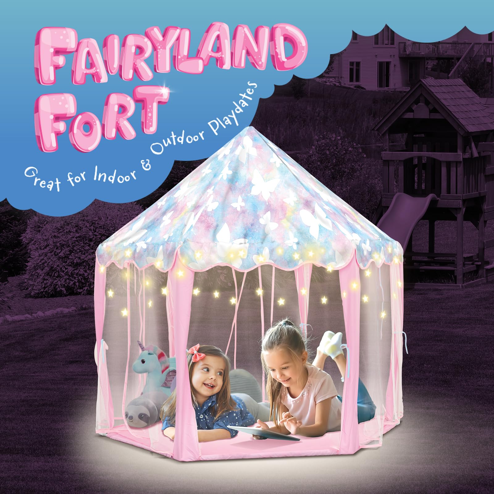 Heyu! Fairyland Fort Playhouse Play Tent with Star Lights - Indoor & Outdoor Kids Play Tent, Butterfly Princess Castle Toy for Girls & Boys - Perfect for Birthday Gifts, Pretend Play, Bedroom Decor & Backyard Fun
