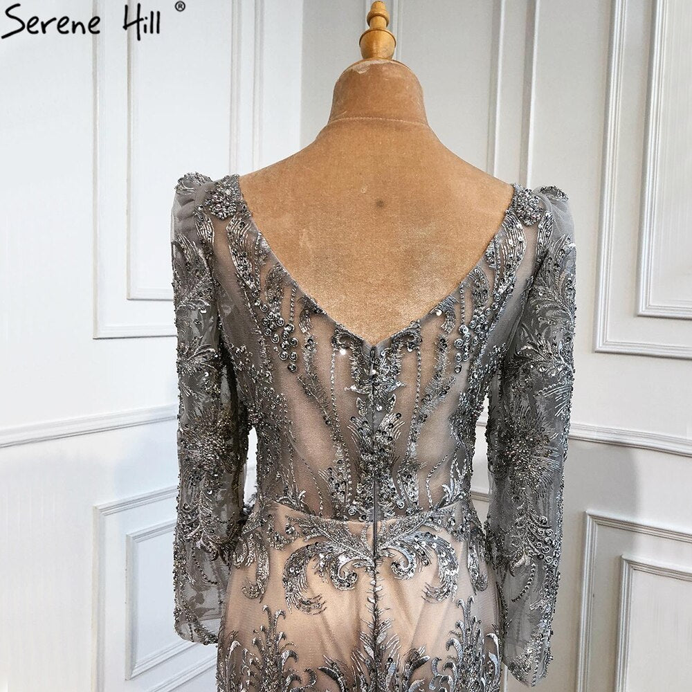 Elegant Grey Mermaid Evening Gown with Beading & Feathers - Luxury Formal Dress for Women | Perfect for Prom, Gala & Special Occasions