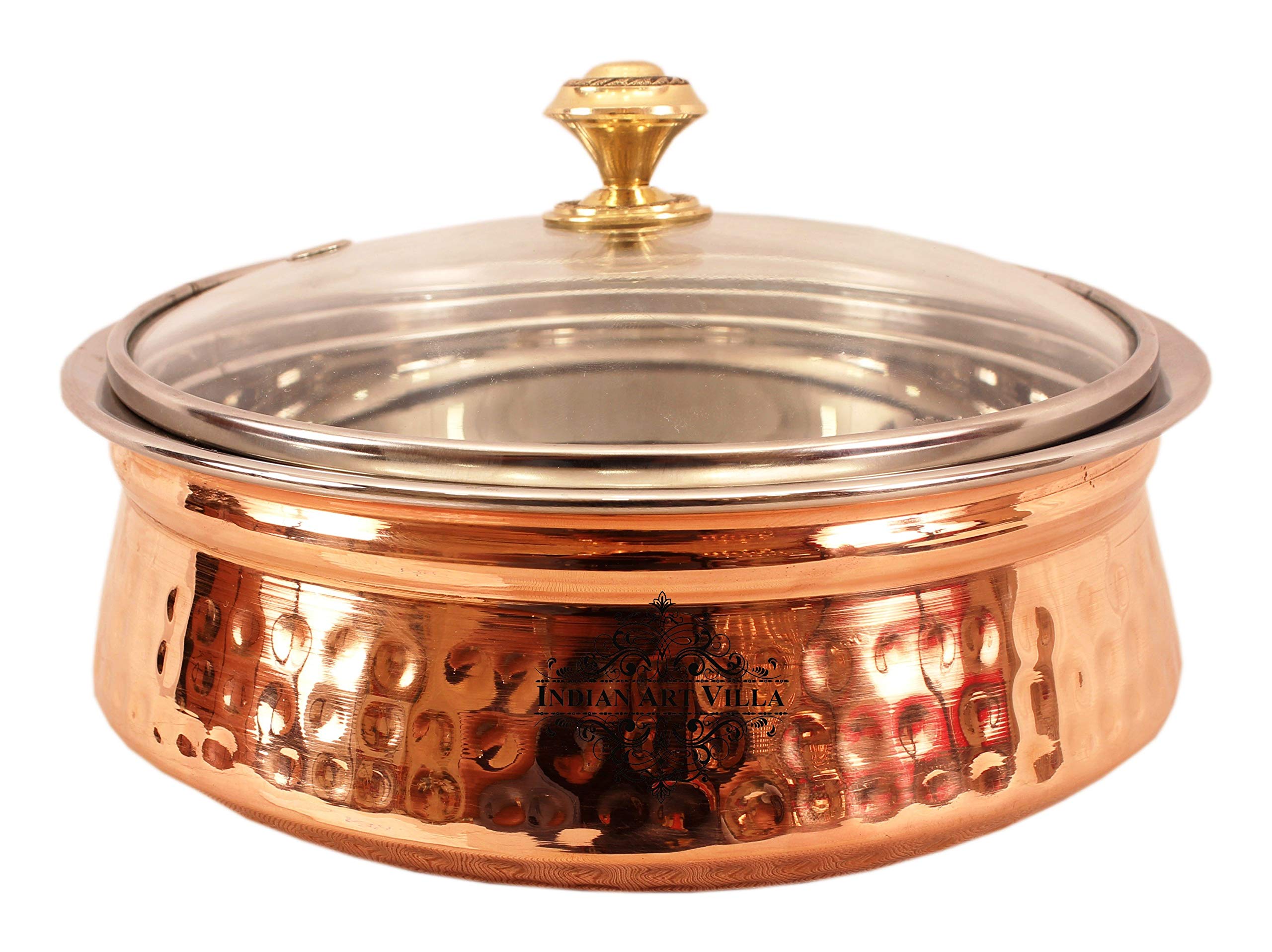 Premium Indian Handi Pot with Glass Lid - 25 Oz Steel & Copper Serving Dish for Chicken Biryani, Vegetables, Curries - Elegant Tableware for Home, Hotel, Restaurant - Set of 2 (Ideal for Festive Meals, Dinner Parties & Traditional Cooking)