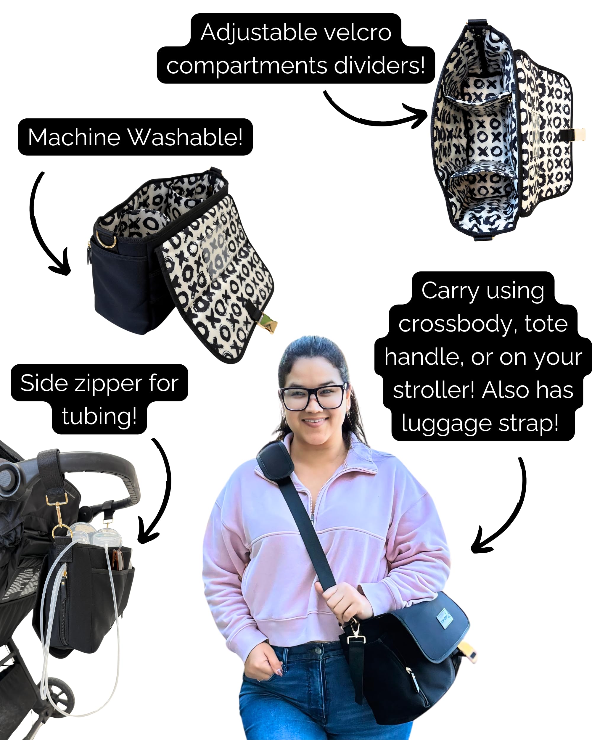 Sarah Wells Maddy Caddy Breast Pump Bag - Insulated Neoprene Diaper Bag with Stroller Caddy, Luggage Sleeve & Adjustable Pockets - Crossbody Pumping Bag for Working Moms (Black XOXO) - Perfect for Office, Travel and On-the-Go Breastfeeding
