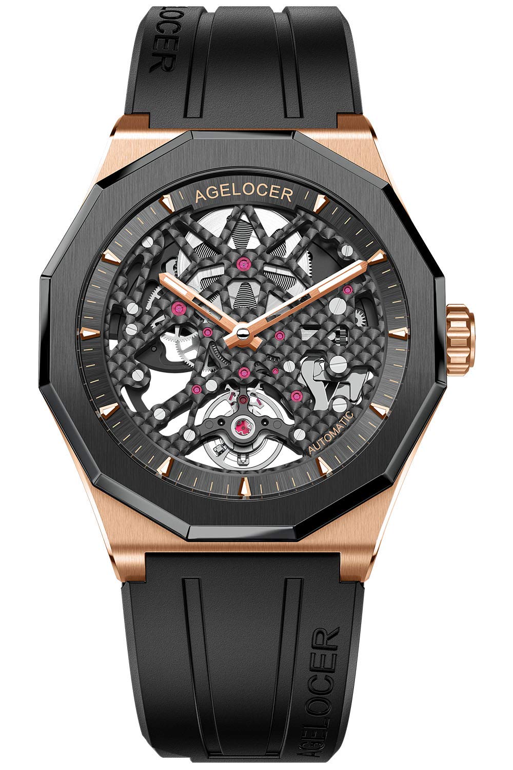 AGELOCER Men's Automatic Skeleton Watch - Mechanical Movement with Rubber Strap & Transparent Dial - Perfect for Business, Formal Events & Luxury Gift Giving