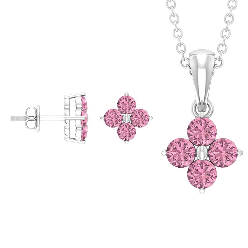 3 CT Pink Tourmaline Pendant & Earrings Set - 14K Solid Gold Floral Jewelry for Women | October Birthstone Gift | Elegant Necklace & Earrings for Anniversary, Birthday & Special Occasions