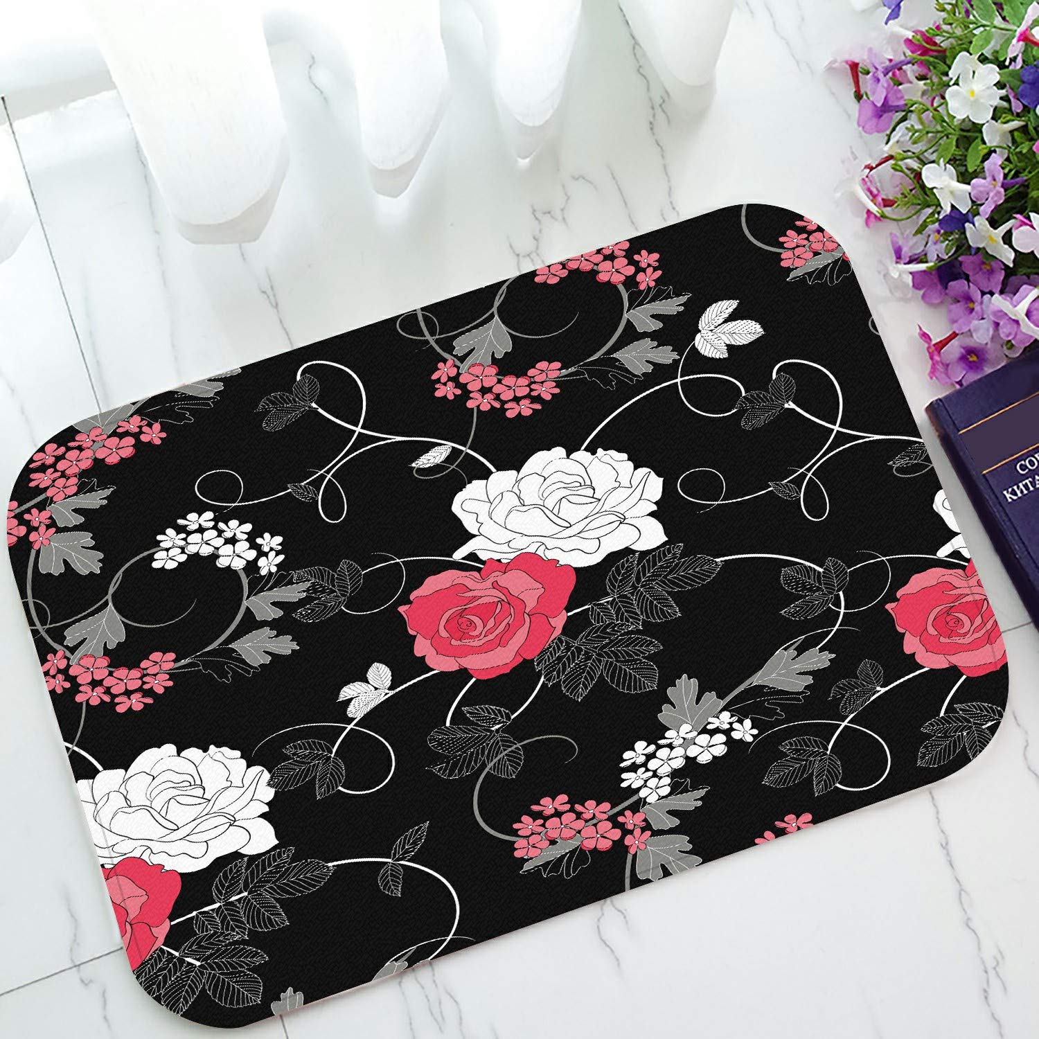ECZJNT Black Rose Welcome Doormat - Non-Slip Bath & Entrance Rug - 23.6x15.7 Inch - Perfect for Home, Office & Outdoor Use