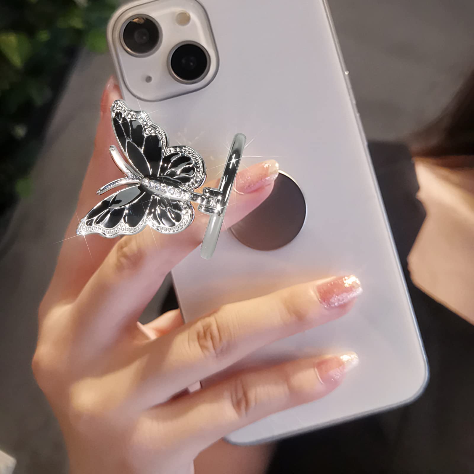 360° Rotating Cute Butterfly Phone Ring Holder - Metal Finger Stand & Kickstand for iPhone, Samsung Galaxy, LG, Google Pixel, iPad - Perfect for Hands-Free Viewing, Selfies, and Secure Grip (Pretty Black Butterfly)