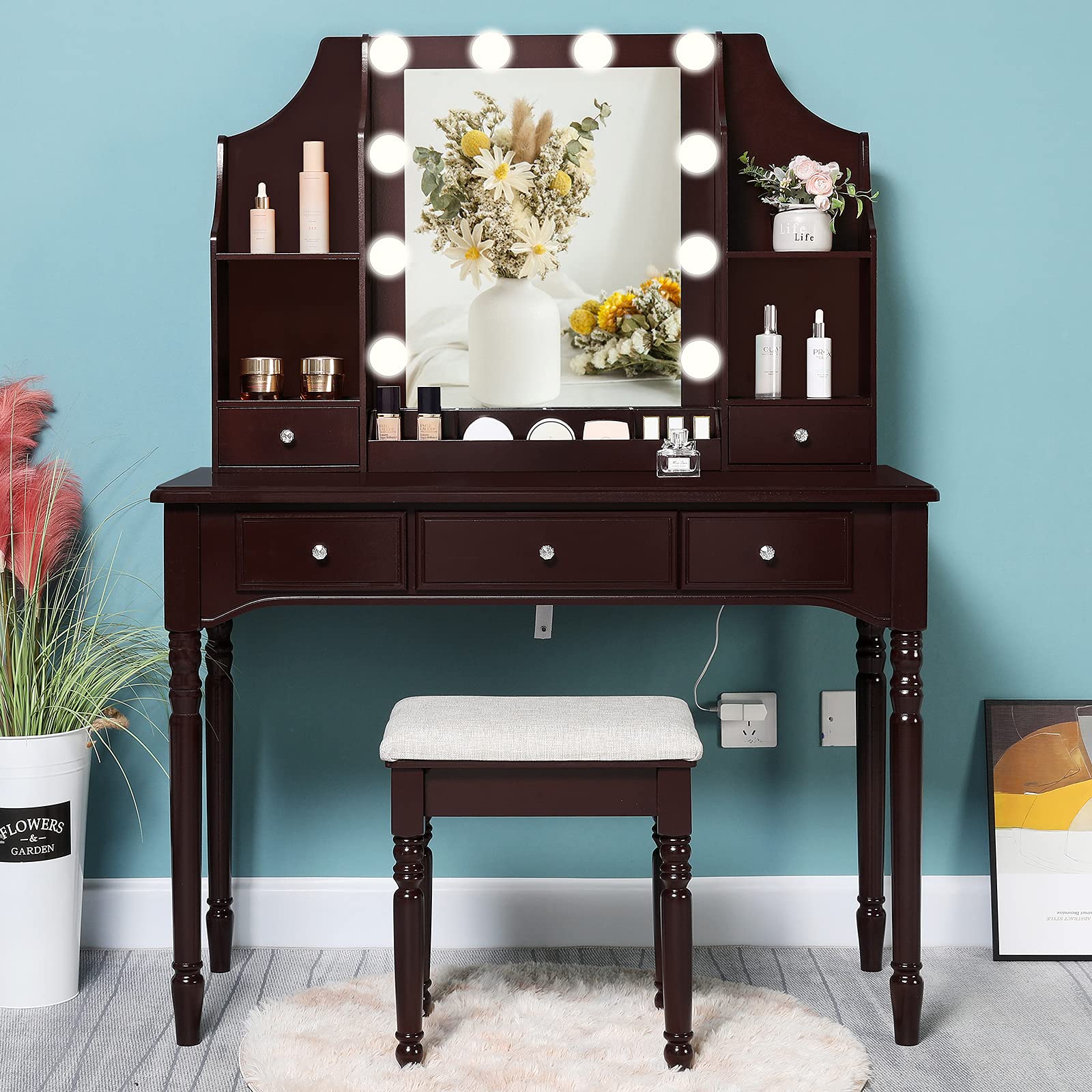 IWELL Large Vanity Table with 4 Storage Shelves & 5 Drawers, Makeup Dressing Table with LED Lighted Mirror, Modern Vanity Set with Cushioned Stool - Brown | Perfect for Bedroom, Bathroom & Dressing Room | Great Thanksgiving & Christmas Gift for Women, Wife, Girlfriend or Mother