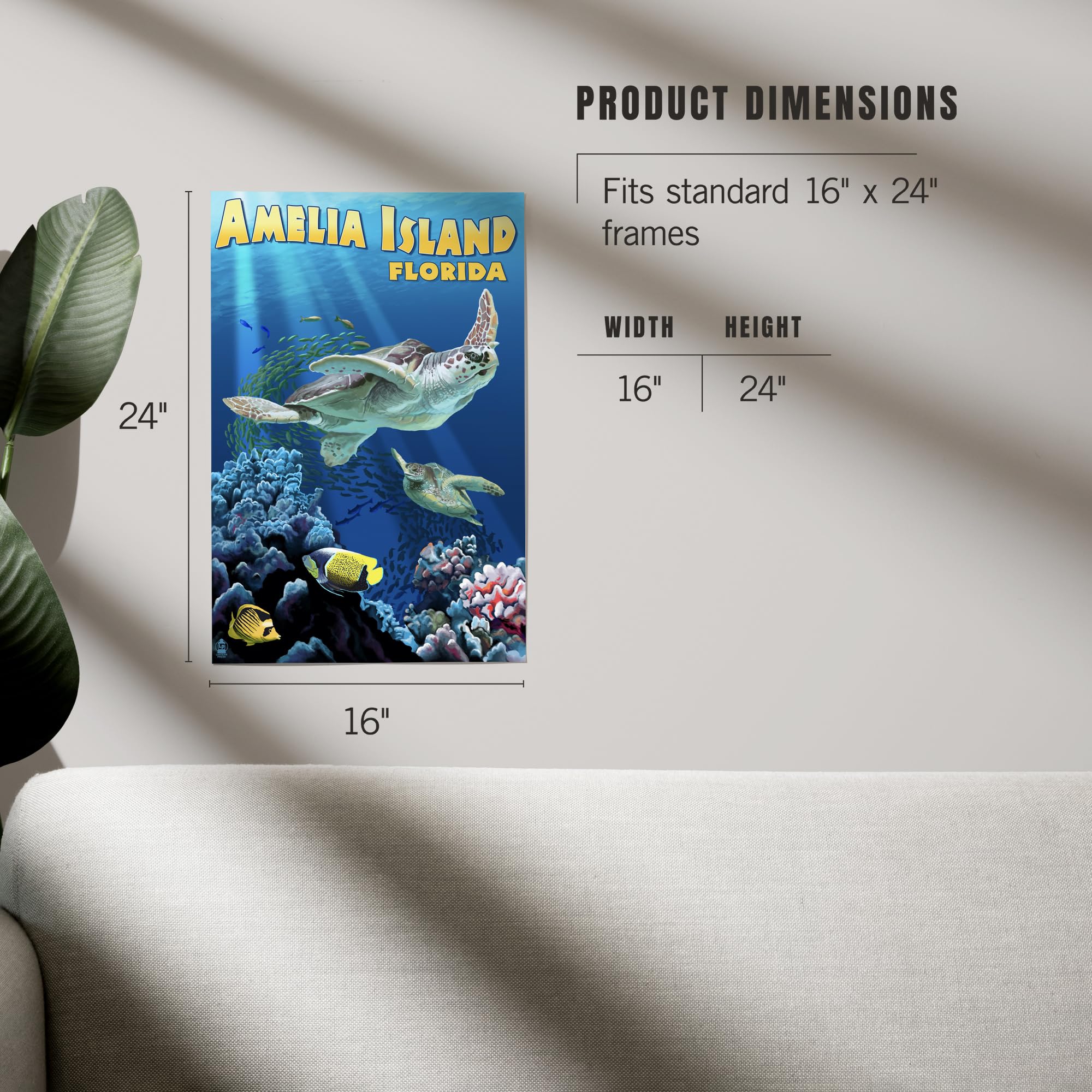 Lantern Press 16x24 Inch Giclee Art Print - Amelia Island Florida Sea Turtle Swimming Underwater Wall Decor - Perfect for Beach House, Living Room & Coastal Themed Home Decor