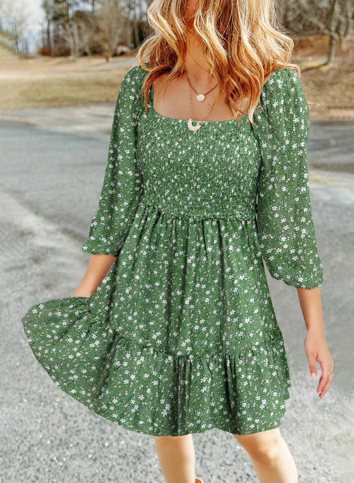 Dokotoo Women's 2025 Spring Floral Boho Dress - Square Neck, Smocked 3/4 Sleeve A-Line Mini Sundress for Casual Wear, Beach Vacation & Summer Outings