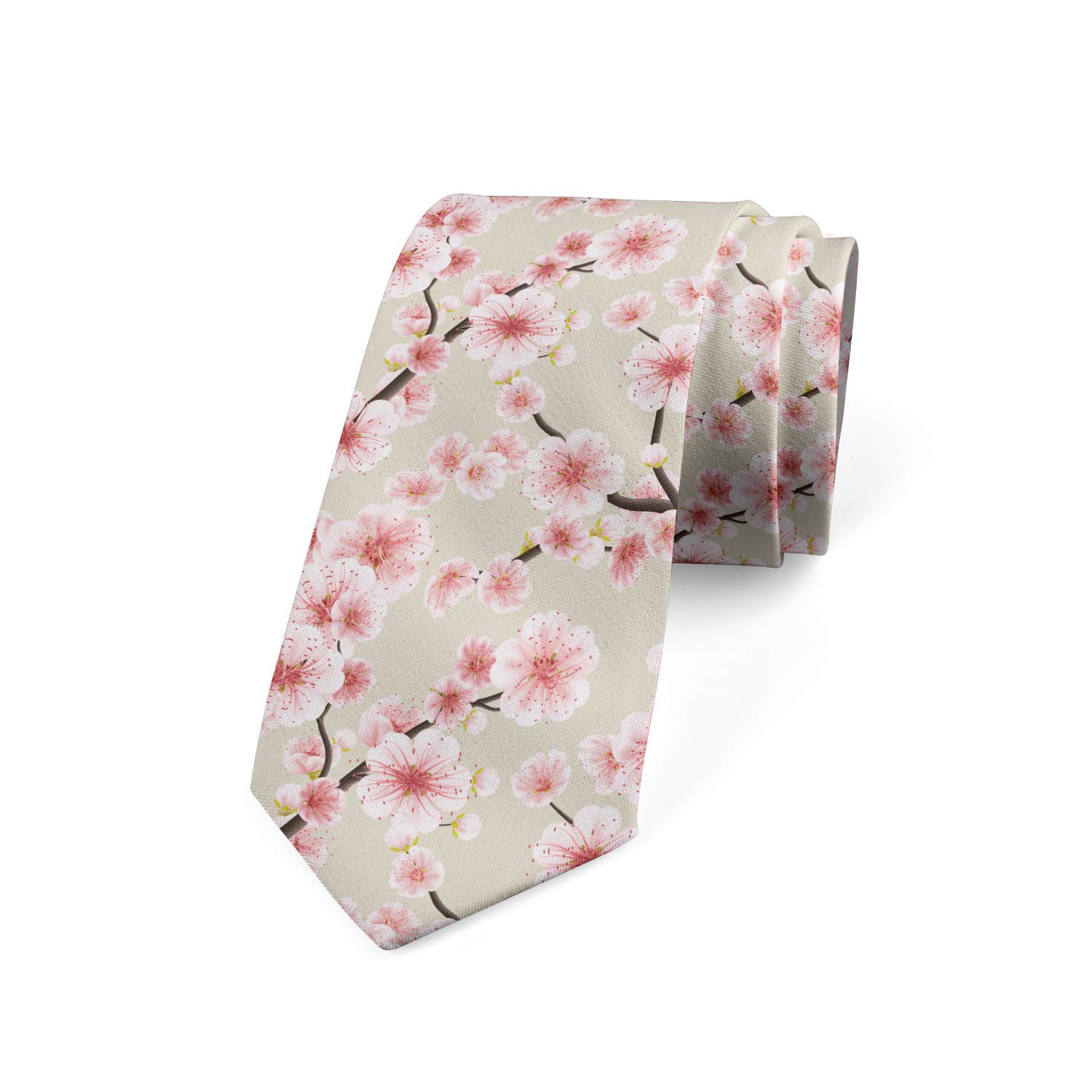 Ambesonne Men's Silk Tie - Floral Cherry Blossom Design, 3.7