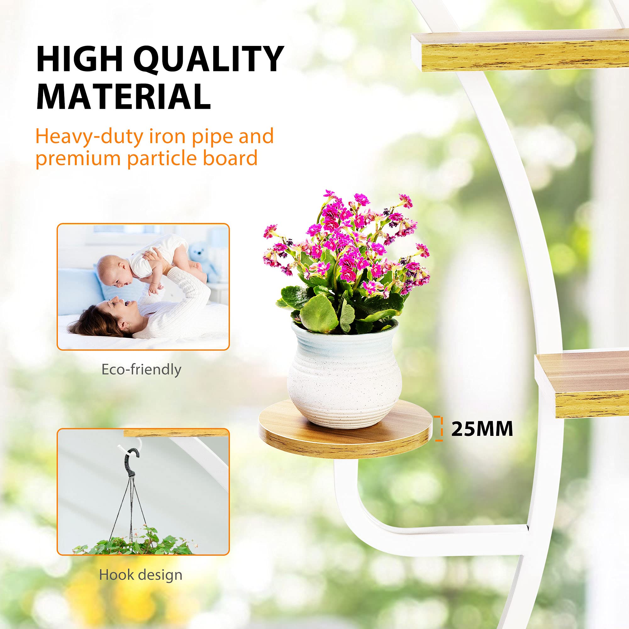 VIVOHOME 6 Tier 9 Potted Steel-Wood Plant Stand with Hanger - Curved Flower Pot Holder Shelf for Indoor Plants - Perfect for Living Room, Balcony, and Home Decor