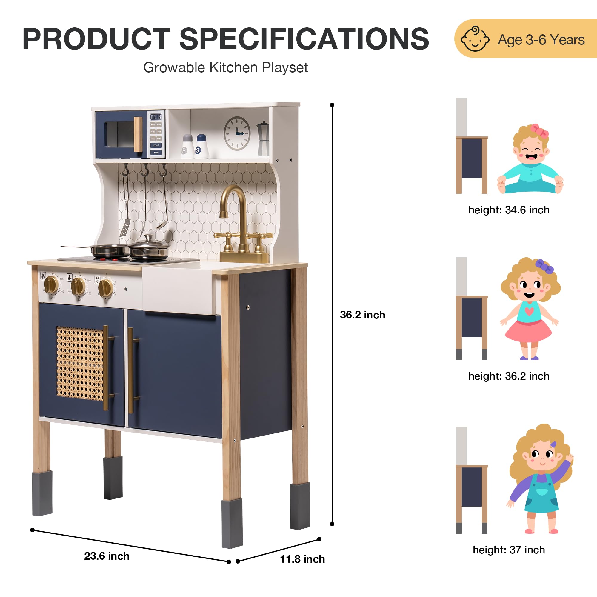 ROBOTIME Wooden Play Kitchen Toy Set for Kids & Toddlers - Pretend Play Kitchen with Lights & Sounds - Educational Toy for Ages 3+ (Blue) - Perfect for Imaginative Play, Birthday Gifts & Preschool Learning