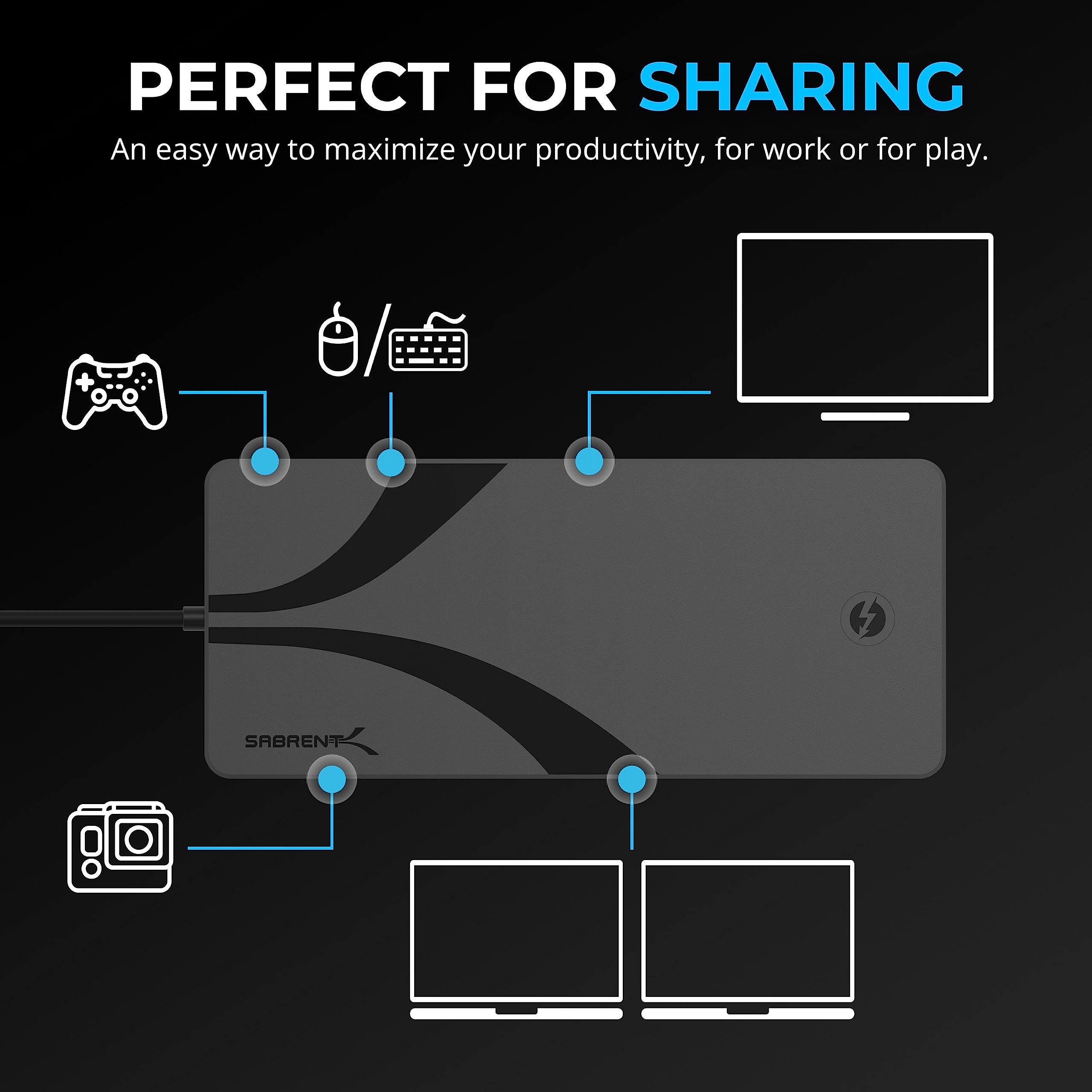 Sabrent Thunderbolt 4 KVM Switch - 3x Thunderbolt 4 USB-C 40Gbps, 2x USB-C 60W PD 3.0 Charging, 4x USB-A 3.2 Gen 2x2 10Gbps | 4K@144Hz & 8K@60Hz DSC Support | Perfect for Multi-Computer Workstations, Gaming Setups & Home Office Productivity (SB-TB4K)