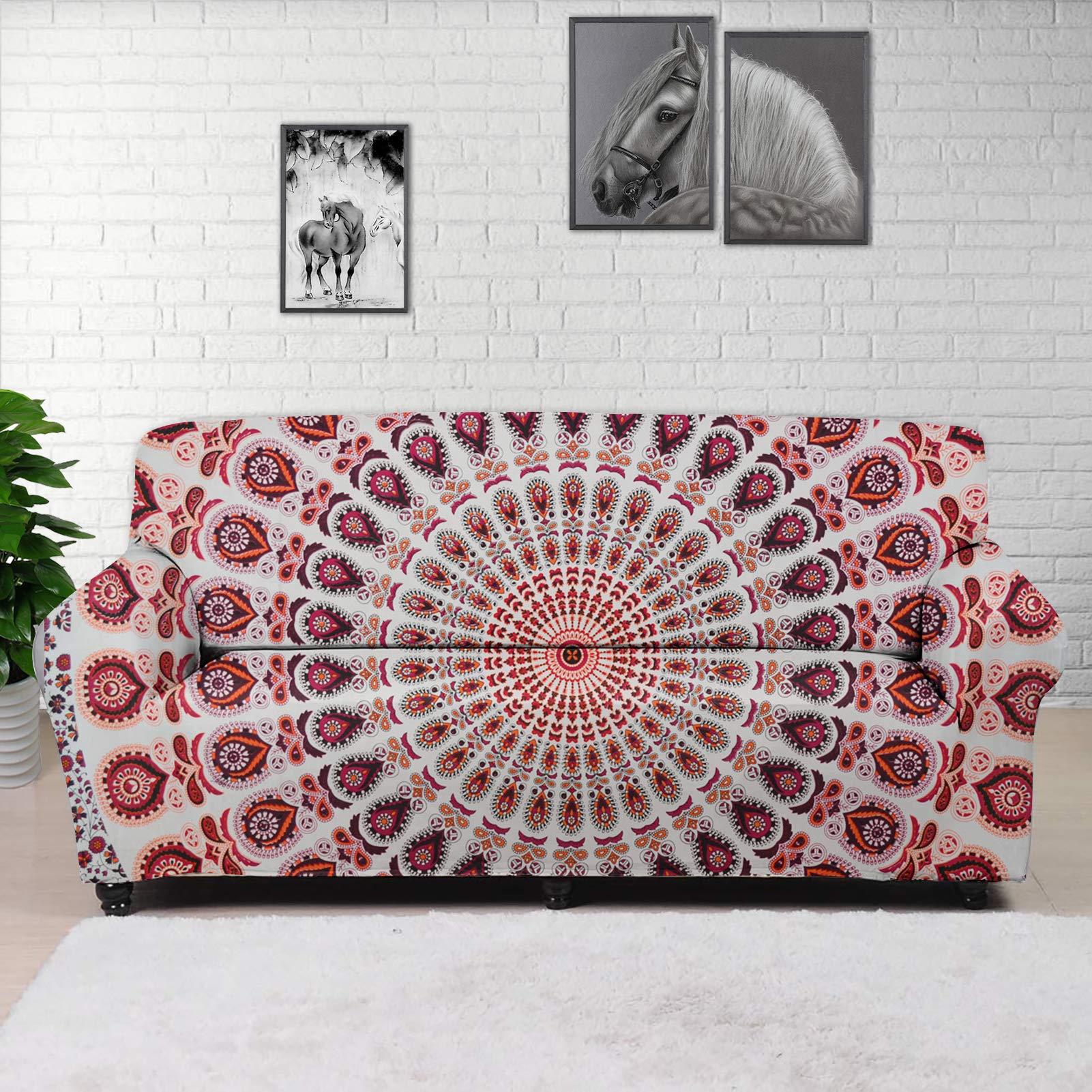 INSTANTARTS Tribal Boho Sofa Cover for 3-Cushion Couch - Mandala Flower Print Elastic Slipcover, Stain Resistant & Machine Washable Couch Protector - Perfect for Living Room, Apartment & Bohemian Home Decor