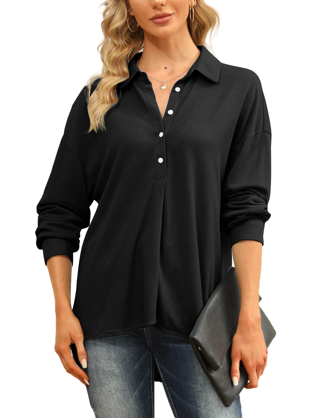 Jeanewpole1 Women's Long Sleeve Collared Button Down Shirt - Waffle Knit Blouse for Work, Office & Casual Wear