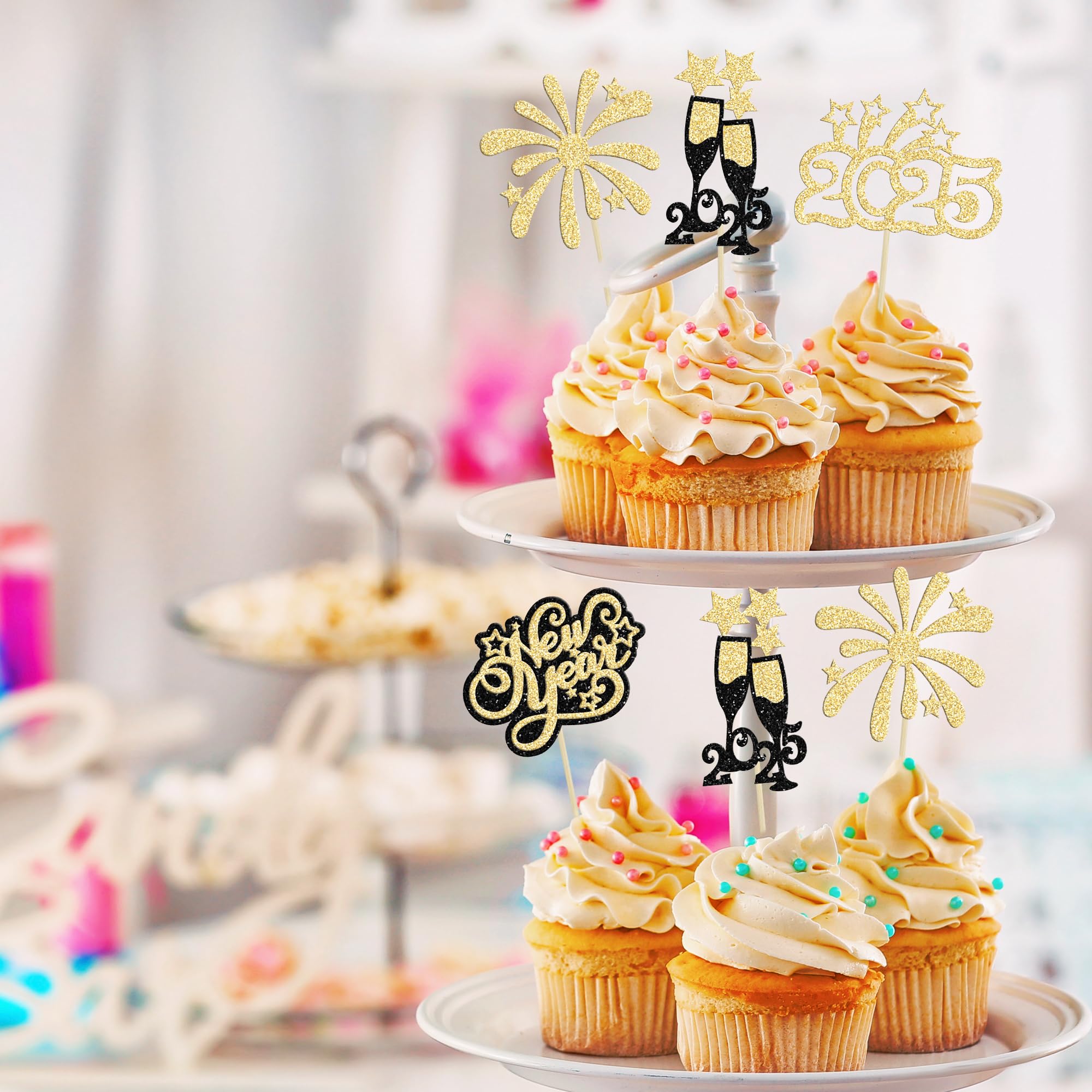 24Pcs Gold Glitter Happy New Year 2025 Cupcake Toppers - Champagne & Firework Cake Picks for New Year's Eve Party Decorations - Perfect for NYE Celebrations, Birthday Parties, and Holiday Dessert Decor