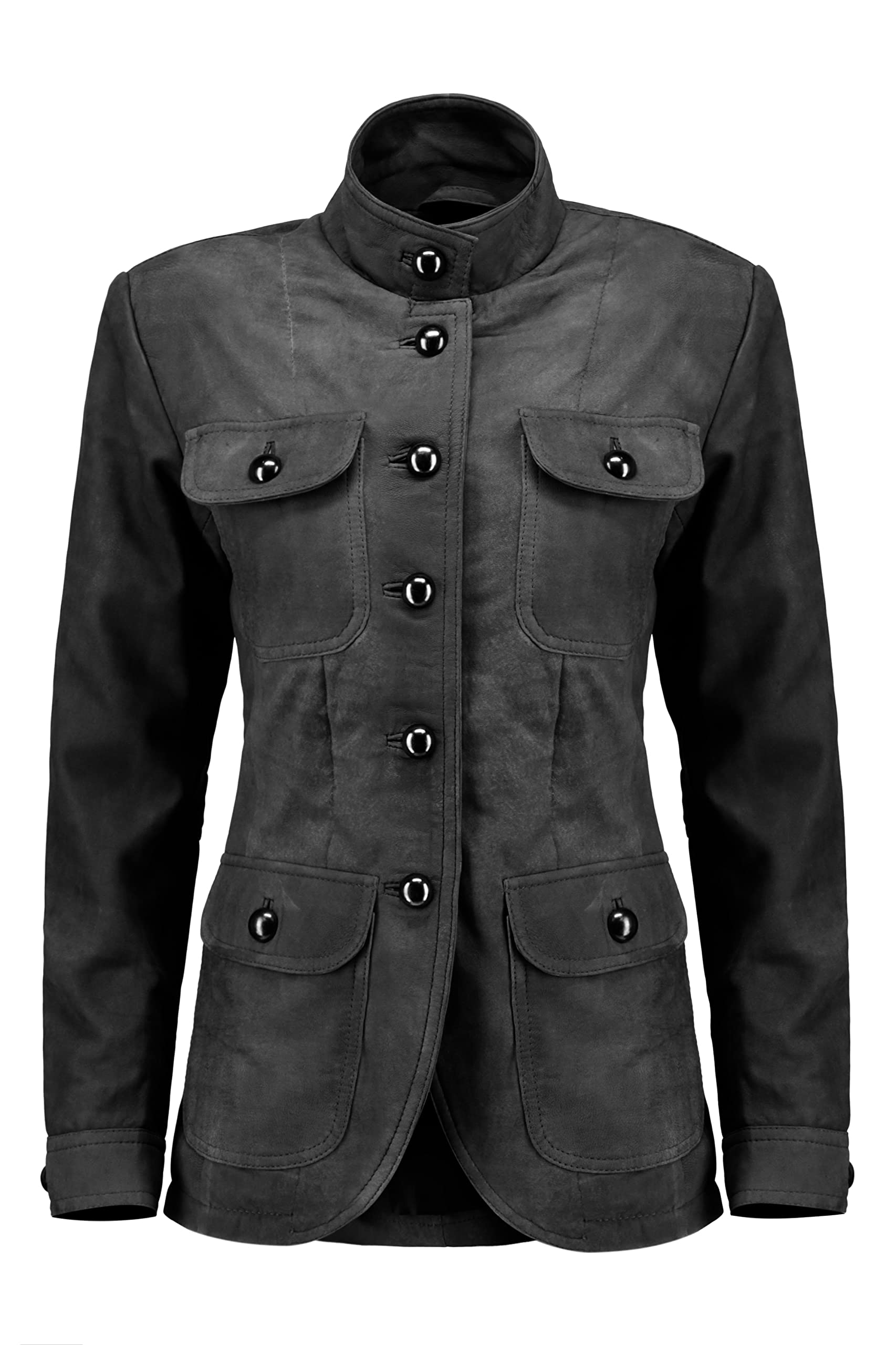 Vintage Suede Look Women's Leather Blazer with 5 Buttons, Four Pockets & Double Back Slit - Elegant Cuff Sleeves Jacket for Office, Dating & Special Occasions