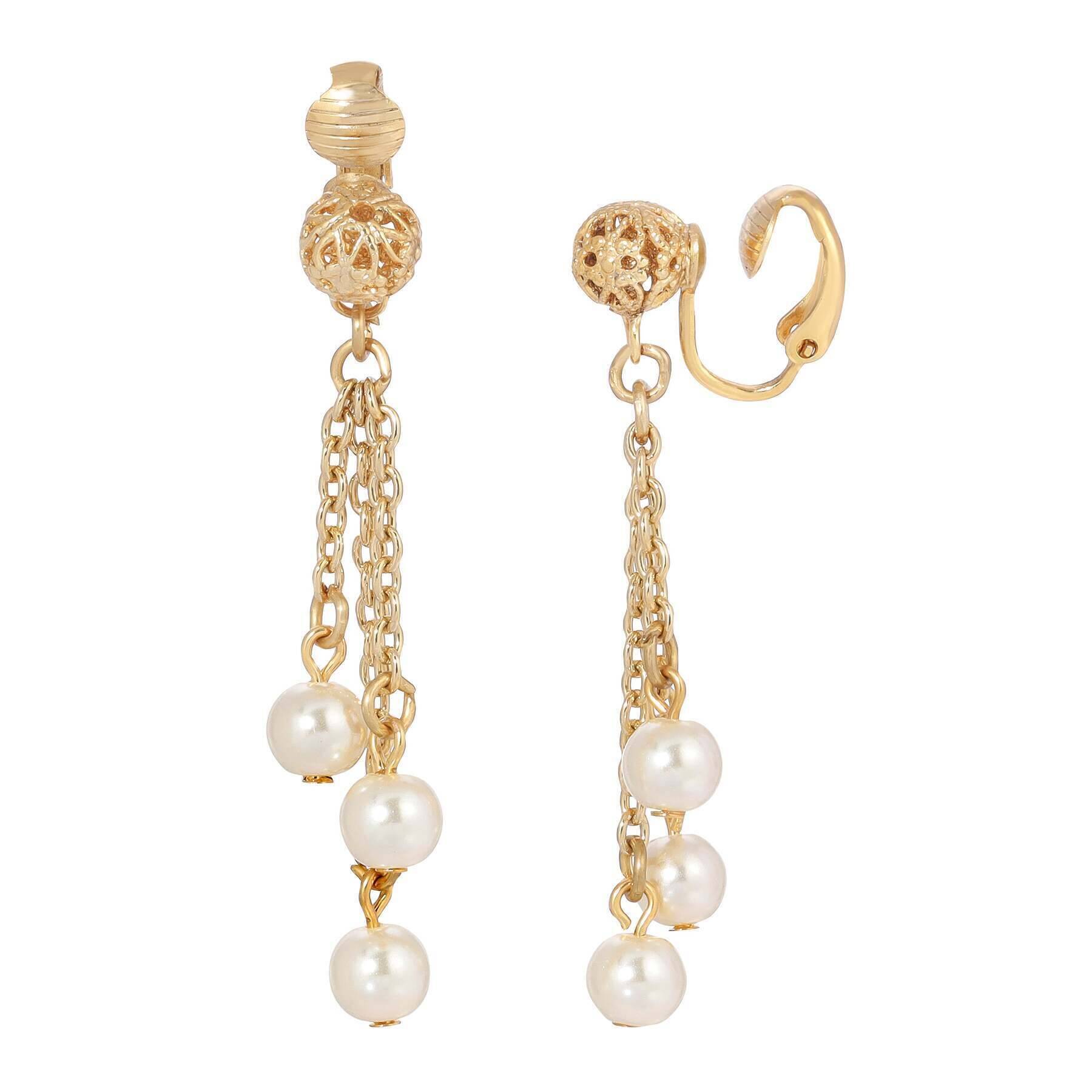 1928 Jewelry Belle Epoch Filigree Ball Faux Pearl Chain Clip On Earrings - Vintage Style Costume Jewelry for Women - Perfect for Weddings, Parties & Special Occasions