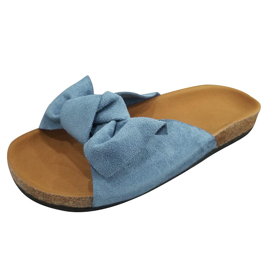 Women's Flat Slide Sandals with Cork Sole & Cute Knot Bow - Comfortable Canvas Summer Sandals for Beach, Pool, and Casual Outings