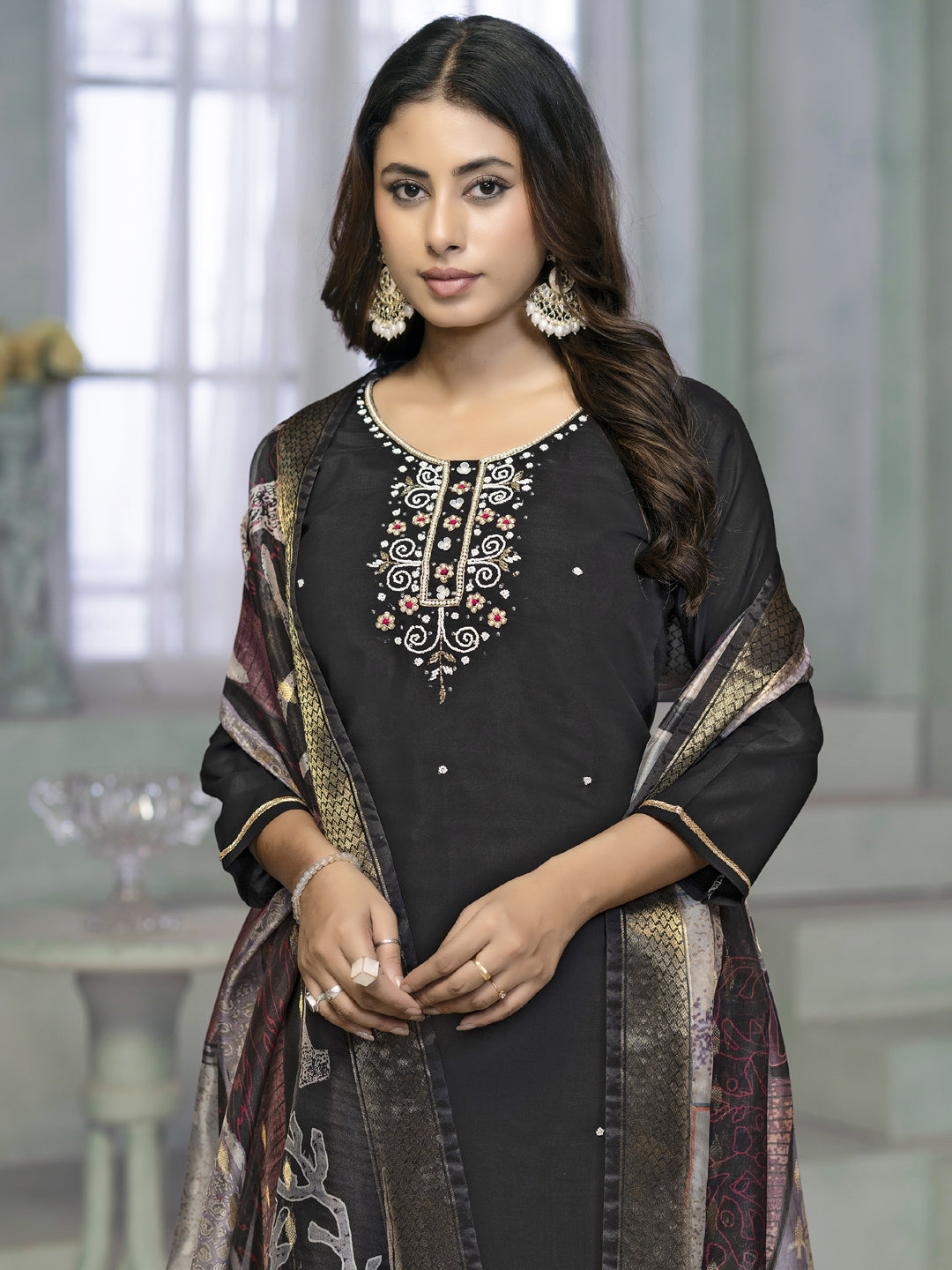 Elegant Black Designer Ready-Made Pant Suit with Printed Embroidery Work - Formal Office Wear & Special Occasion Outfit for Women