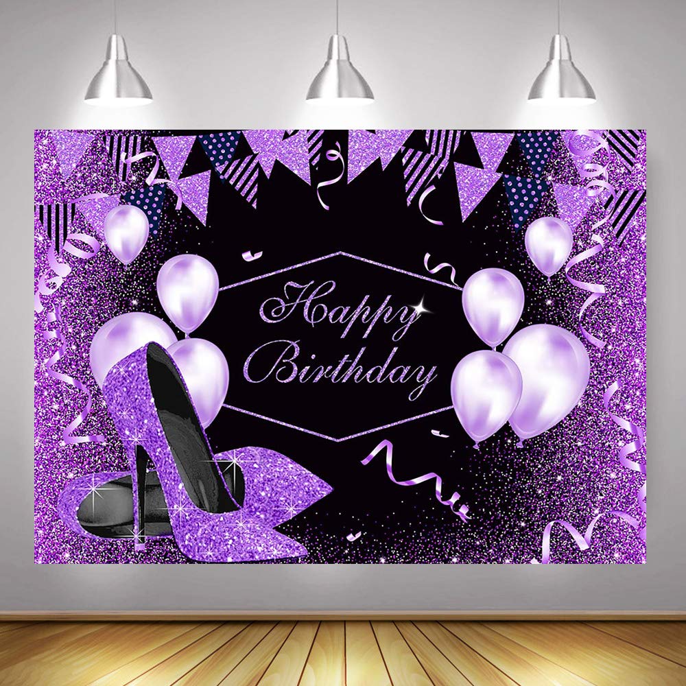 Purple Birthday Backdrop for Girls & Women - High Heels Happy Birthday Party Decoration with Black Rose Gold Glitter Balloons - 10x7ft (120x84 inch) Photography Background - Perfect for Birthday Parties, Baby Showers & Photo Shoots