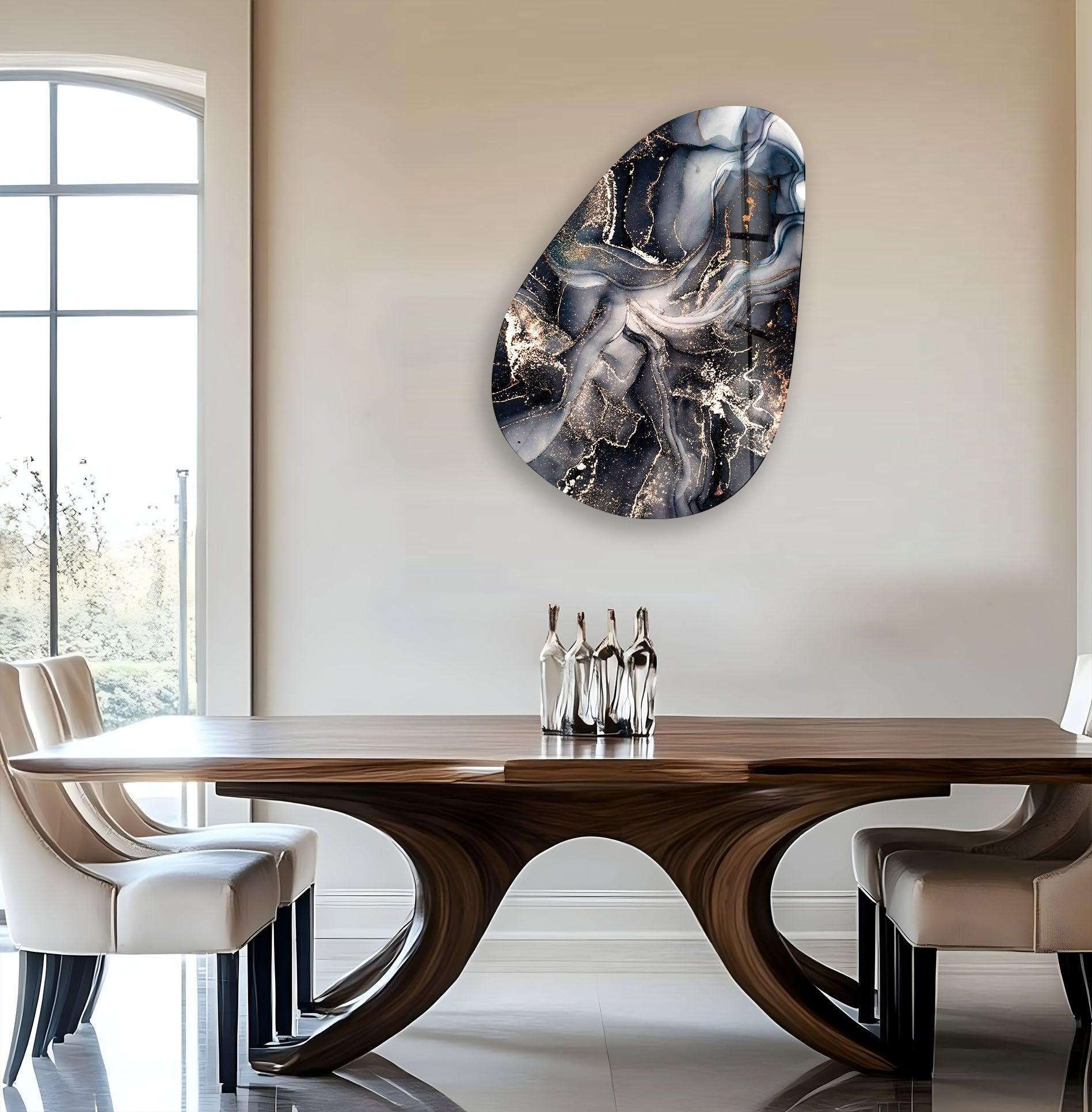 Asymmetrical Oval Black Grey Marble Glass Wall Art - Modern Abstract Home Decor for Living Room, Bedroom & Office