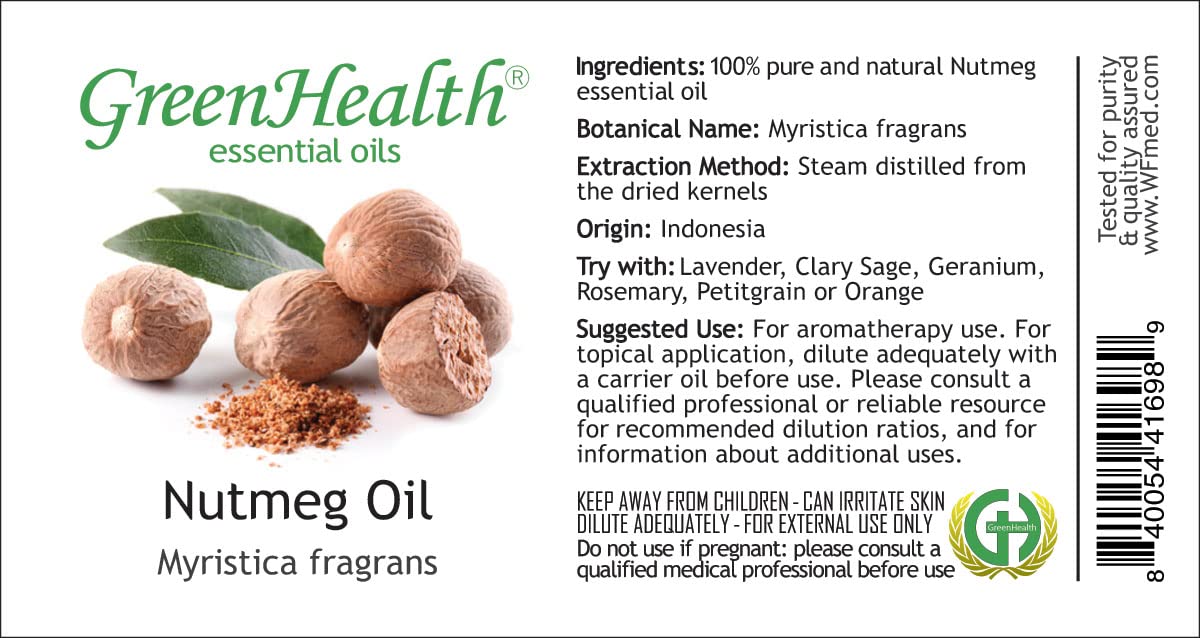 Pure Nutmeg Essential Oil - 1/3 fl oz (10ml) Therapeutic Grade, 100% Natural for Aromatherapy, Massage & Stress Relief - GreenHealth - Perfect for Diffusers, DIY Skincare & Home Spa