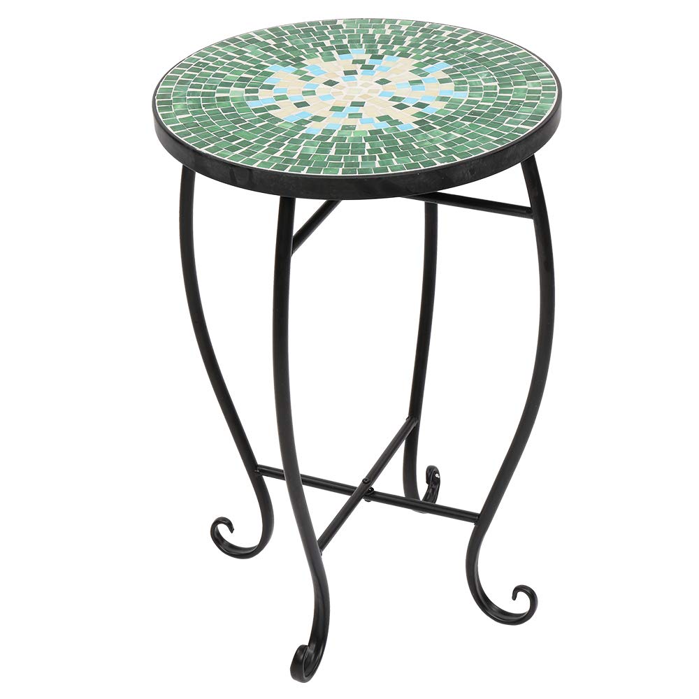 GUOXY Mosaic Stained Glass Round Side Table - Green Floral Design with Blue Accents | Perfect for Living Room, Bedroom, or Garden Decor