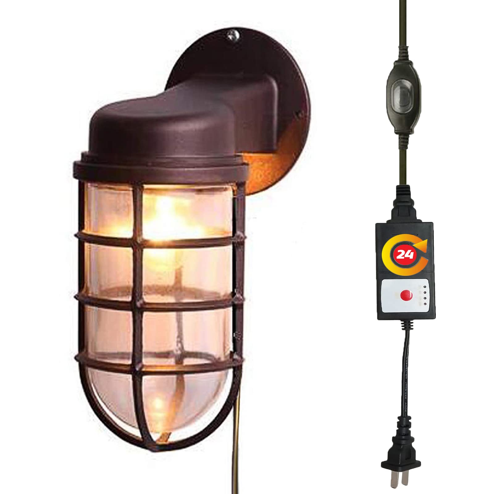 Kiven Waterproof Outdoor/Indoor LED Cage Light with Timer Switch - Plug-in Wall Mount Lantern for Barn, Garage & Patio - Durable Industrial Sconce (1 Pack) - Perfect for Backyard, Shed & Workshop Lighting