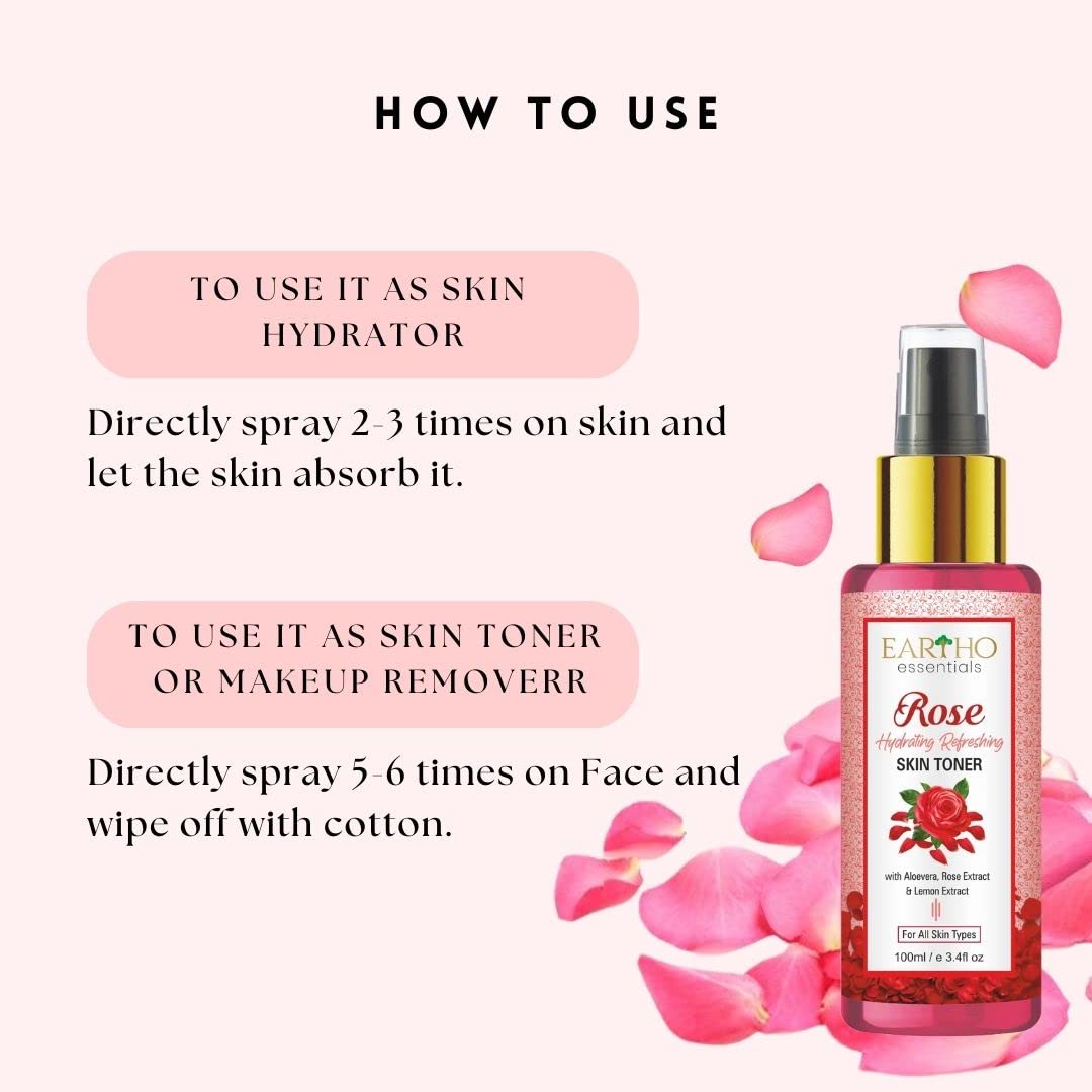 Eartho Essentials Rose Hydrating & Refreshing Facial Toner with Rose Ark, Aloe Vera & Lemon Extract - 100ml for Dry & Sensitive Skin | Daily Skincare Routine, Post-Cleansing Hydration, Makeup Prep