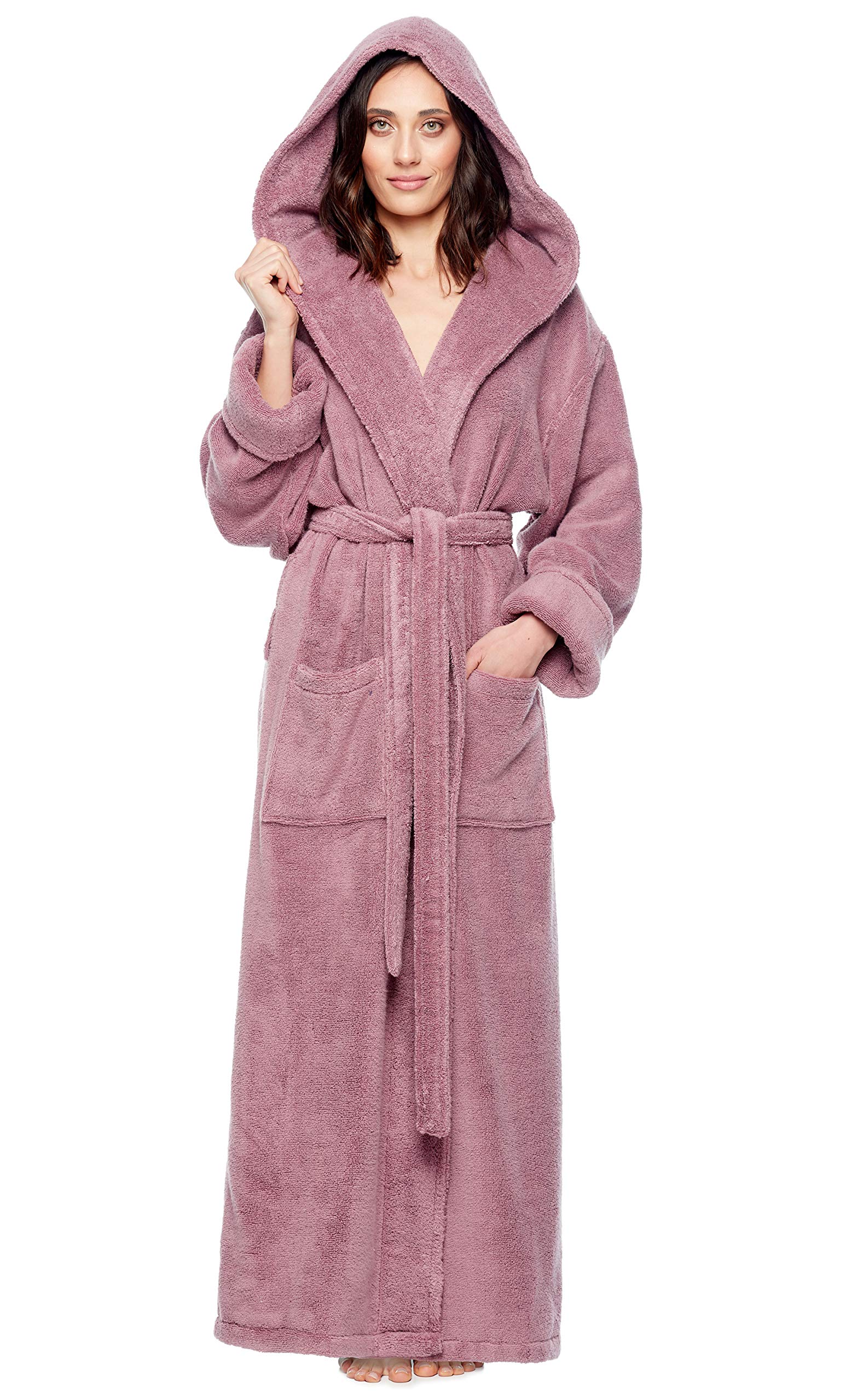 Arus Women's Soft Twist Hooded Full Length Turkish Cotton Bathrobe - Cozy & Absorbent for Spa, Lounge & After Shower Relaxation