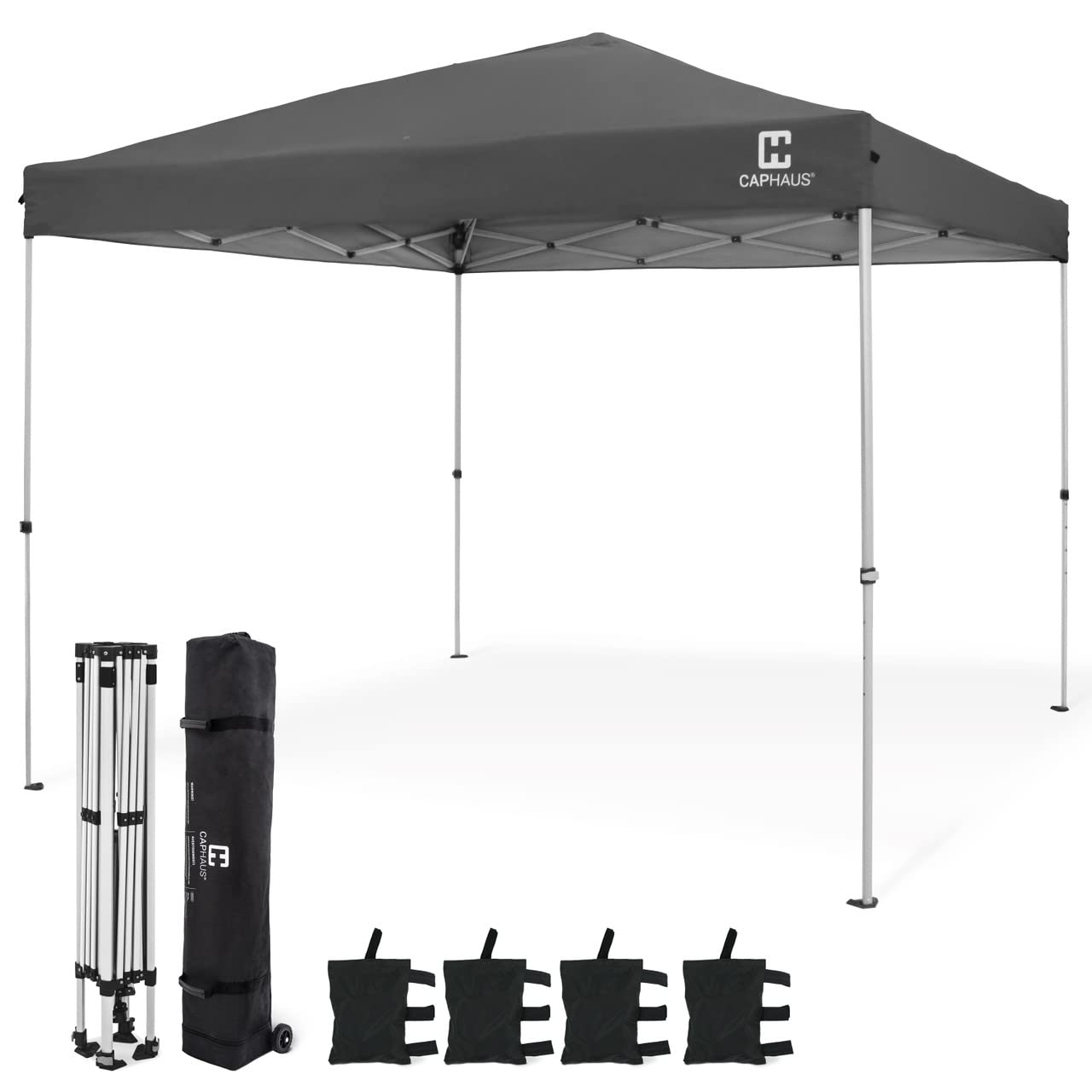 CAPHAUS 12x12ft Heavy Duty Commercial Pop Up Canopy Tent - One-Push Instant Setup, Central Lock System, Includes Wheeled Carry Bag & Weight Bag - Perfect for Outdoor Events, Farmers Markets, Beach & Backyard Parties (Dark Grey)