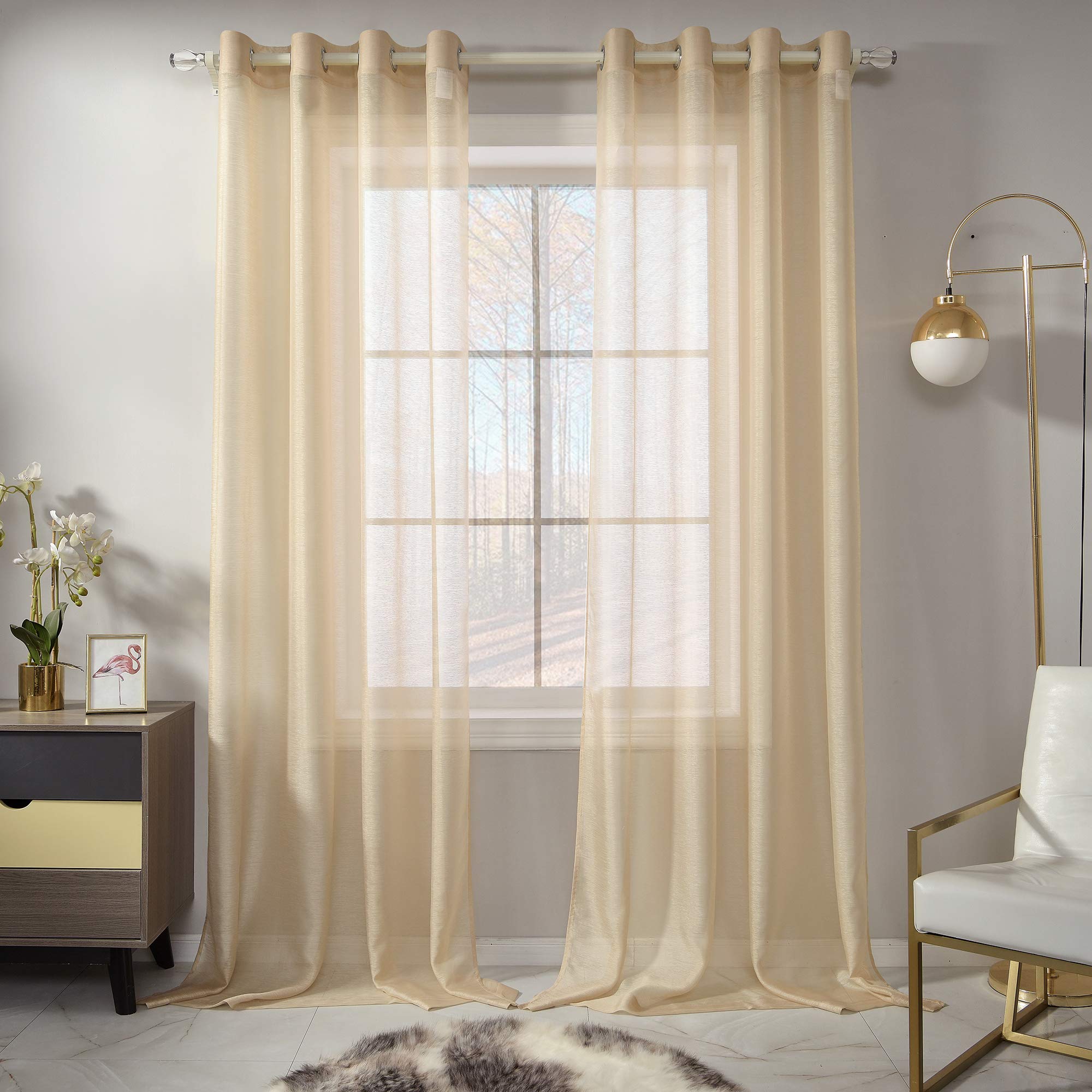 RAIN CITY Beige Sheer Curtains 95 Inch Length - Set of 2 Panels, Translucent Voile Drapes with Elegant Grommet Top for Living Room & Dining Room Windows (52x95 Inches) - Light Filtering, Textured Sheer Curtains for Privacy & Soft Natural Light