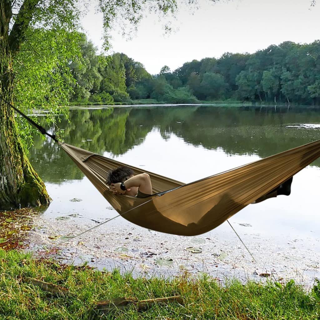 Premium Camping Hammock with Mosquito Net & Tree Straps - 280x140cm Portable Travel Hammock with Heavy-Duty D Carabiners - Lightweight for Backpacking, Beach, Backyard & Outdoor Adventures (Brown) - Perfect for Relaxing, Hiking & Camping Trips