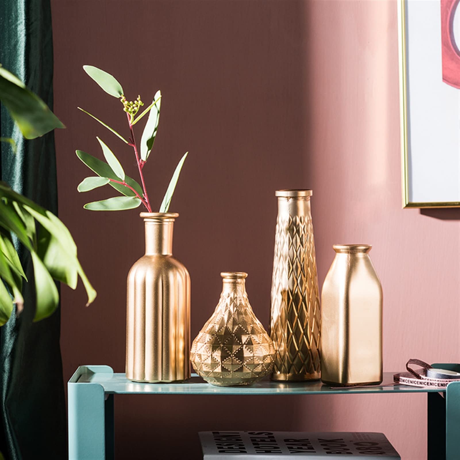 Golden Glass Flower Vases Set - Modern Geometric Vases for Home & Office Decor - Elegant Centerpiece for Wedding, Dining Table, Living Room Decor (Various Shapes & Sizes)