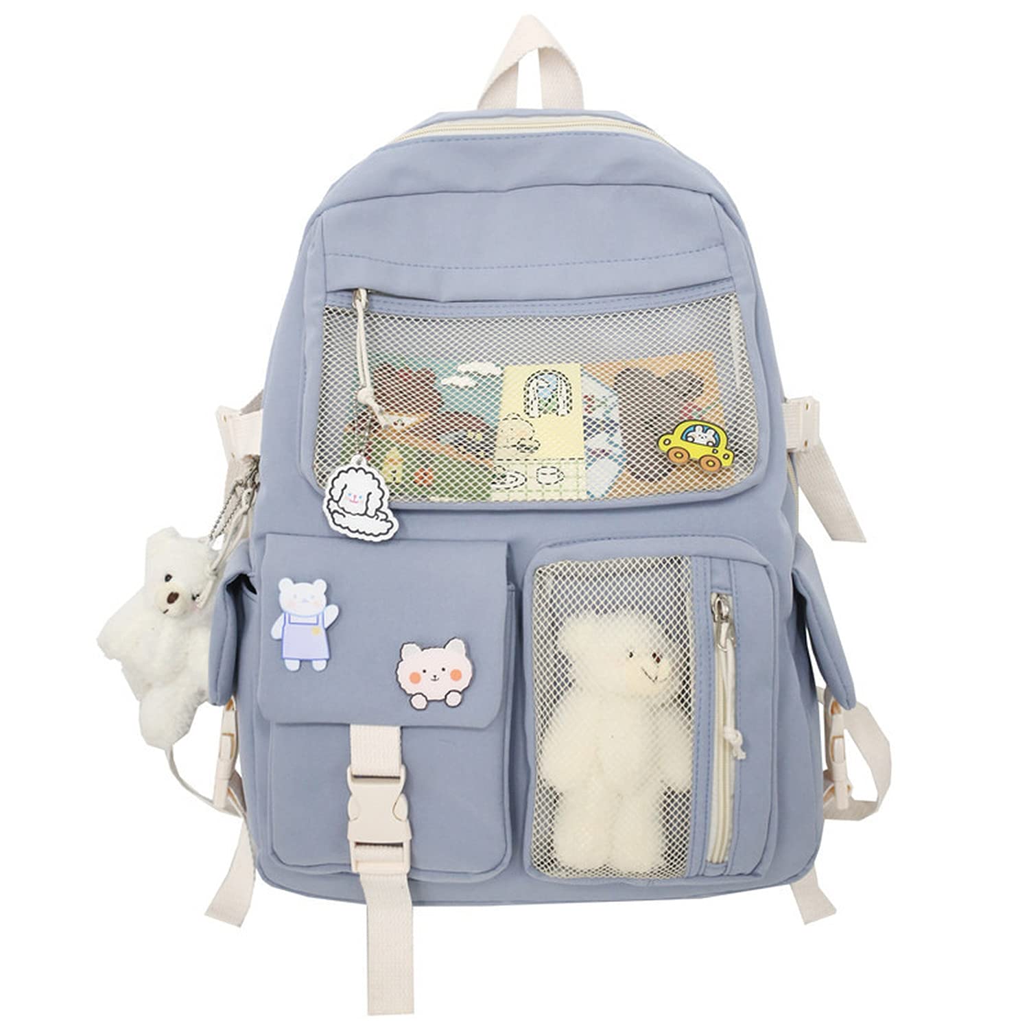 Cute Kawaii Backpack for Girls - HUAFOOK Aesthetic School Backpack with Kawaii Pin Accessories (Blue, One Size) - Perfect for School, College, Anime Conventions & Daily Use