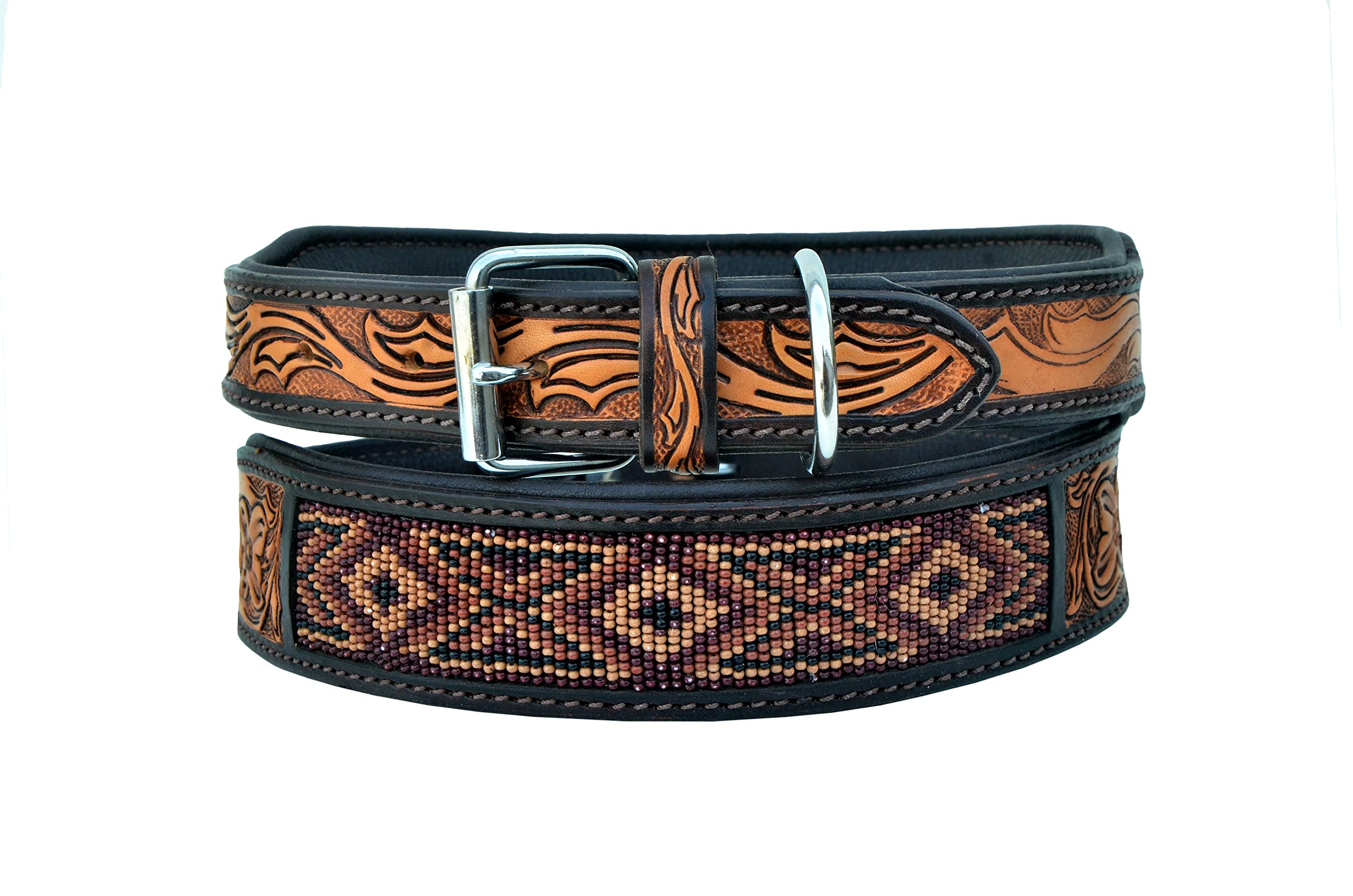 Western Style Heavy Duty Leather Dog Collar - Hand Tooled Beaded & Padded Adjustable Collar for Puppies & Large Dogs | Perfect for Training, Outdoor Adventures & Everyday Walks (10AB019)