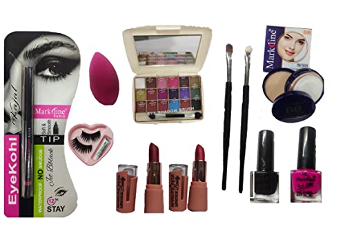 MARK LINE 9-Piece Makeup Kit with Kajal, Lipstick, Compact Powder, Eyelashes, Beauty Blender, Nail Polish & Eyeshadow - Perfect for Travel, Bridal & Professional Makeup Artists